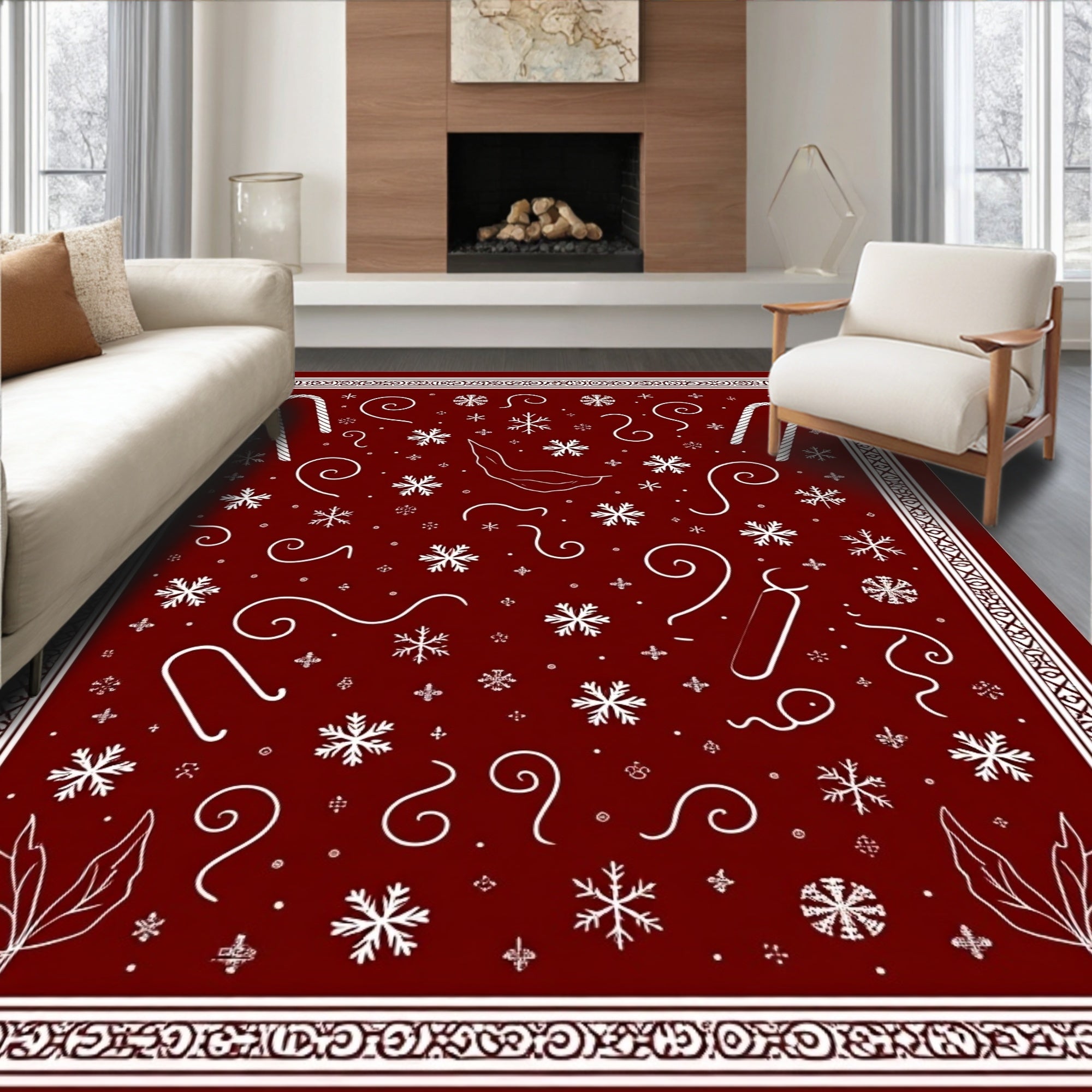 Crimson White Festive Snowflake Candy Cane Rug