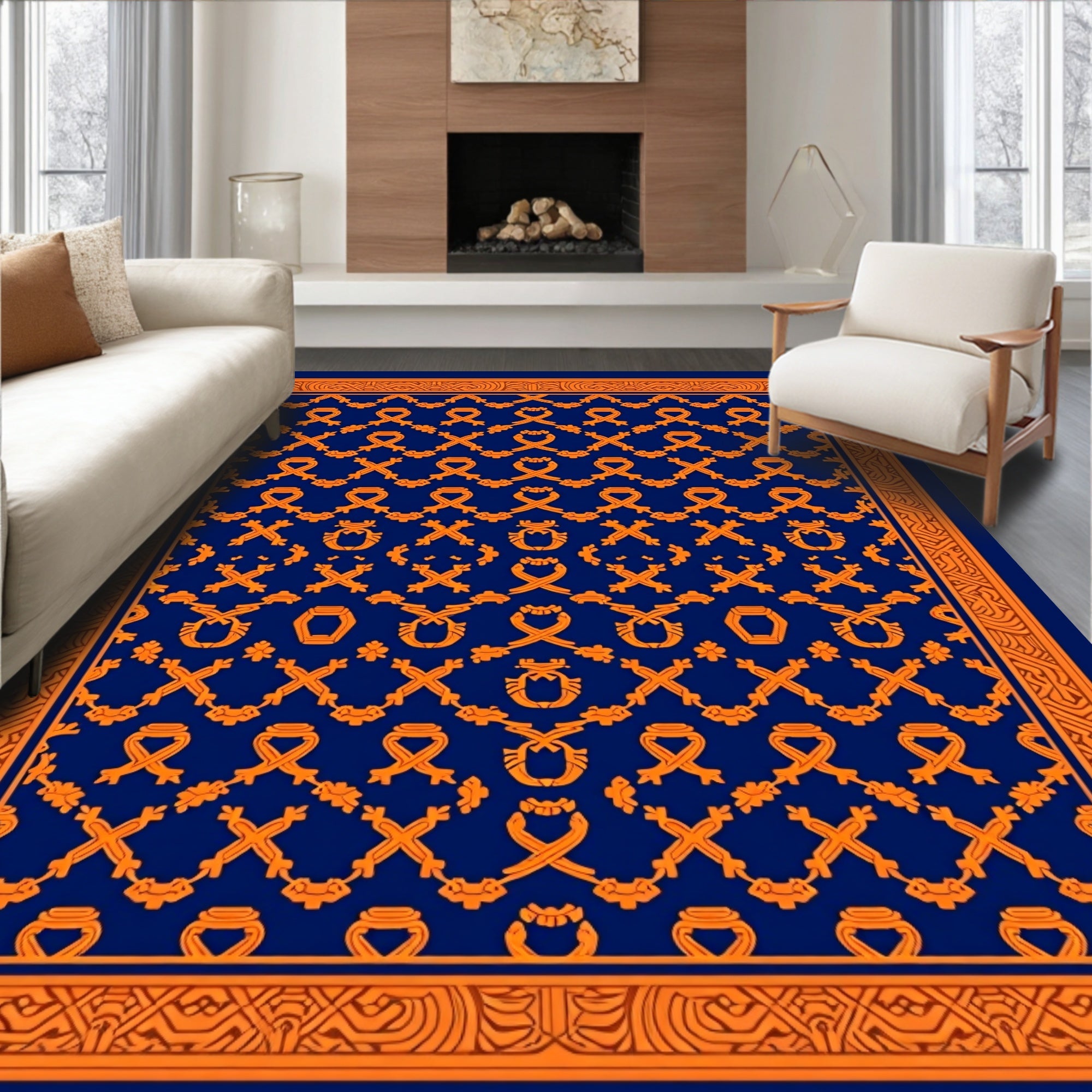 Ornate Orange And Indigo Diamond Pattern Rug