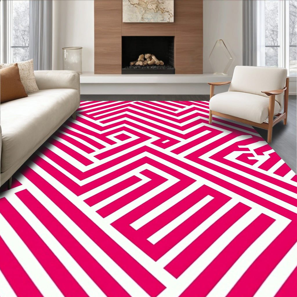 Bold Pink Geometric Maze Design Rug