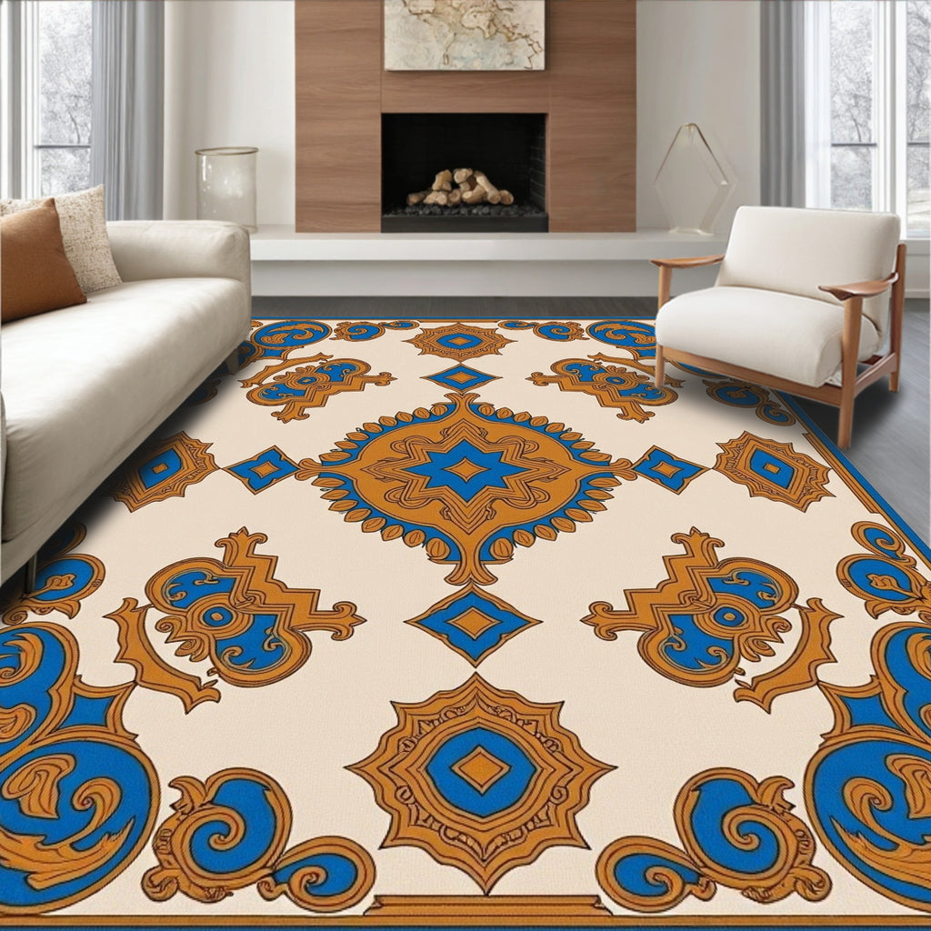 Ornate Blue Gold Scrollwork Medallion Rug