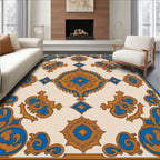 Ornate Blue Gold Scrollwork Medallion Rug