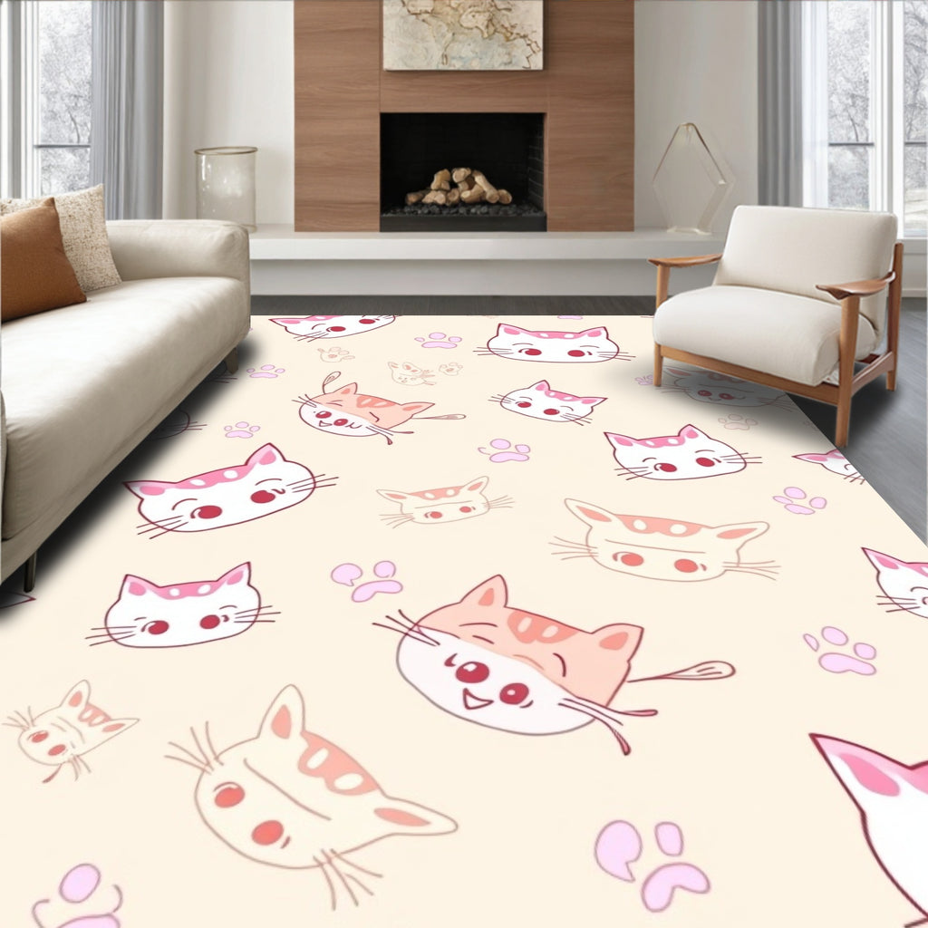 Cartoon Cat Faces Paw Prints Pattern Rug