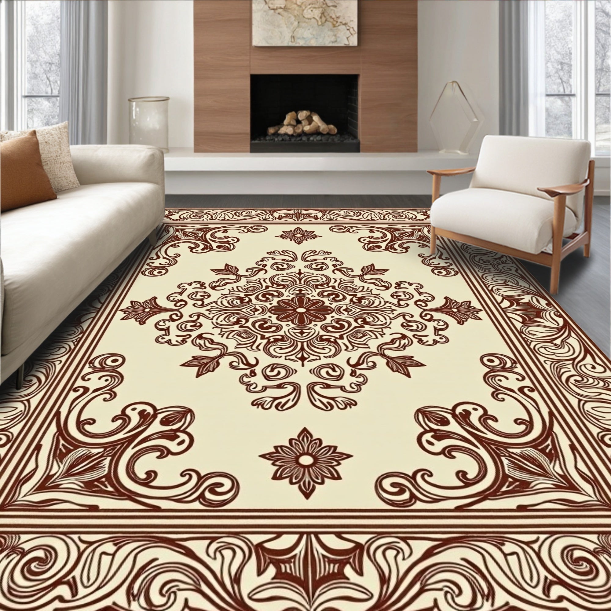 Elegant Floral Swirl And Border Design Rug