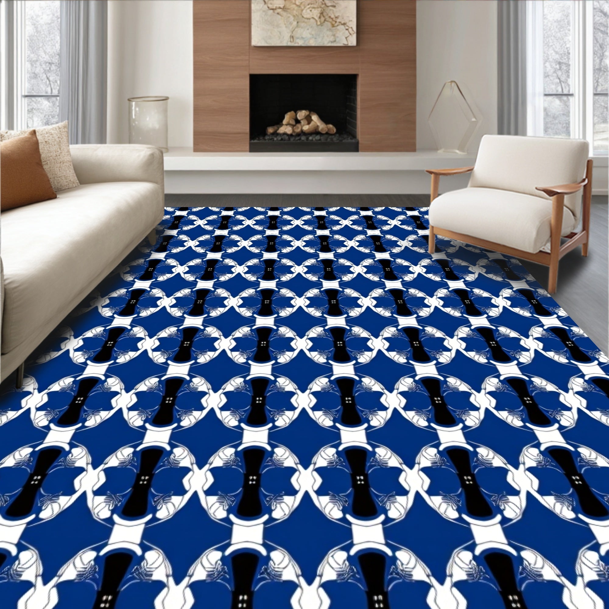 Bold Blue White Black Abstract Pattern Rug