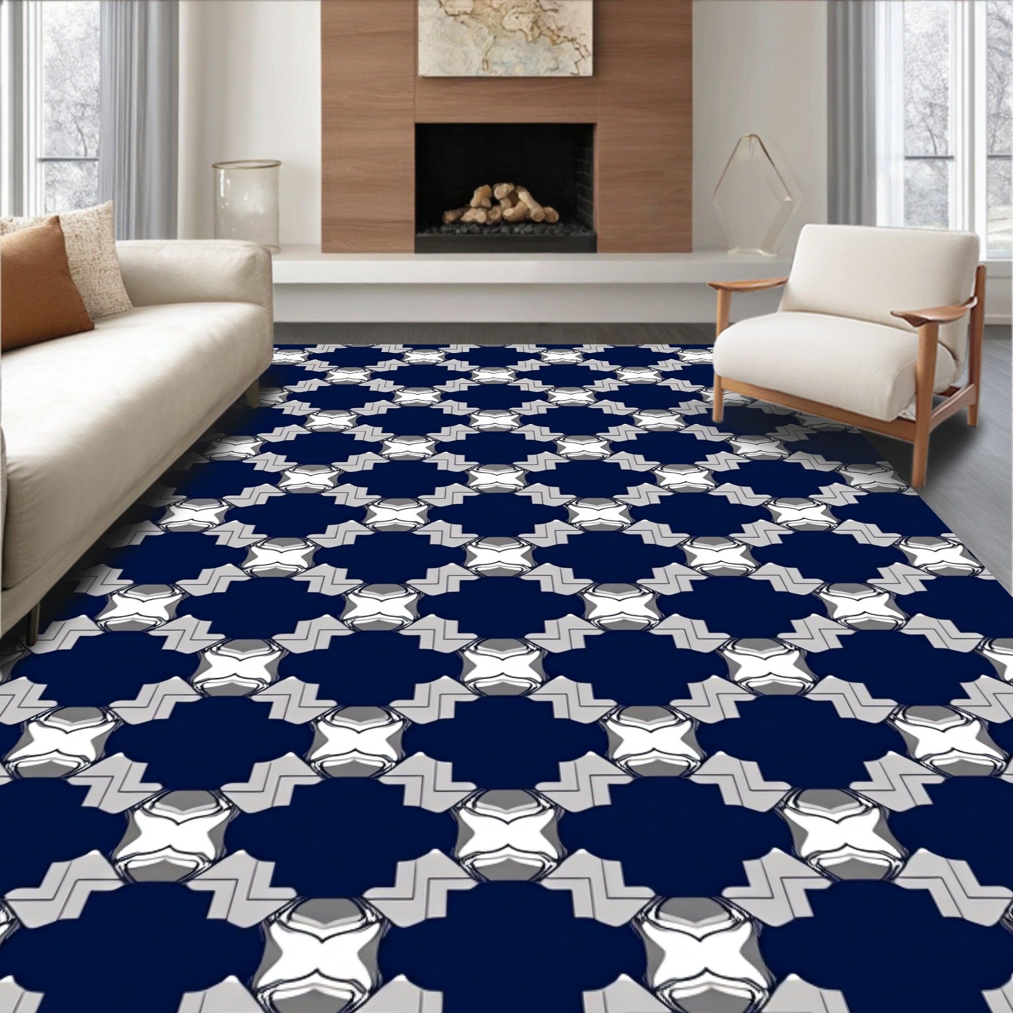 Gray White Interlocking Geometric Pattern Rug