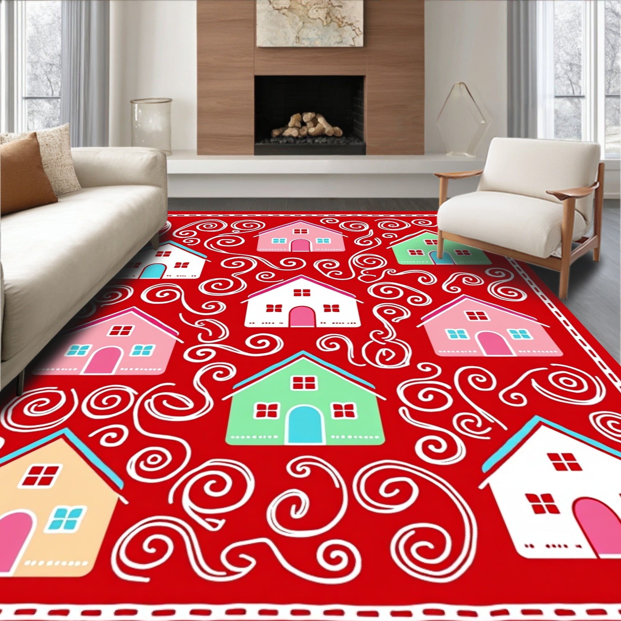 Whimsical Colorful Houses Swirls Background Rug