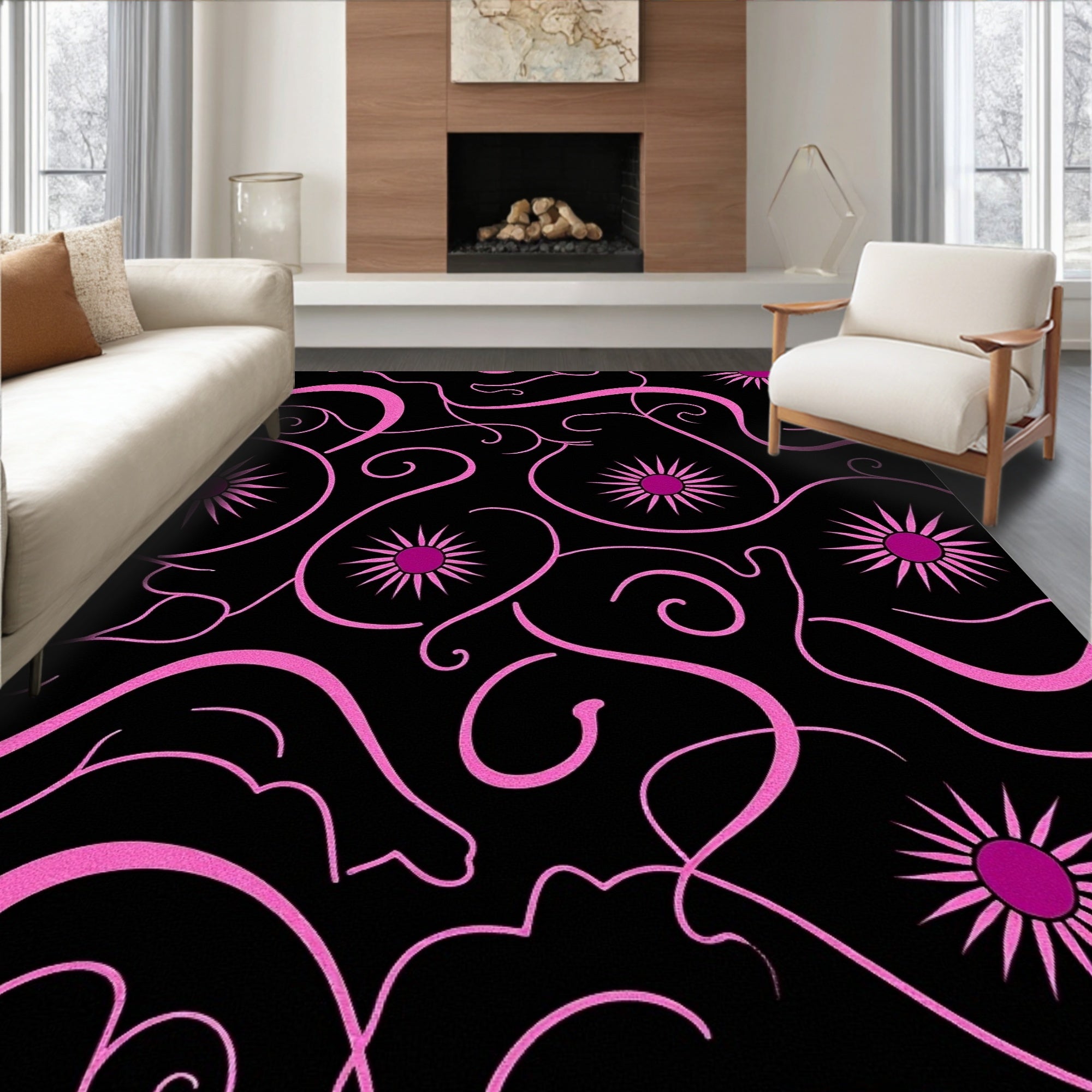 Vibrant Pink Floral Swirl Pattern Rug
