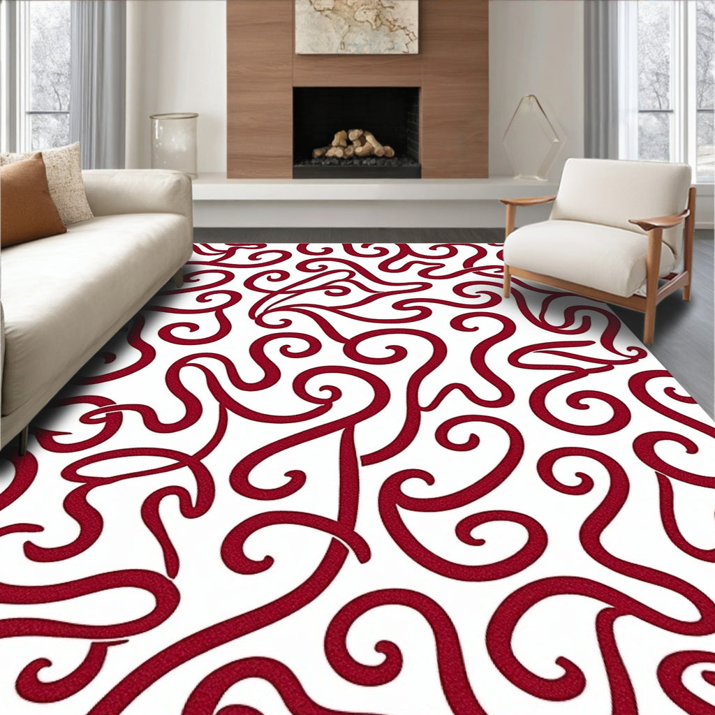 Crimson Swirl Patterned Red Rug