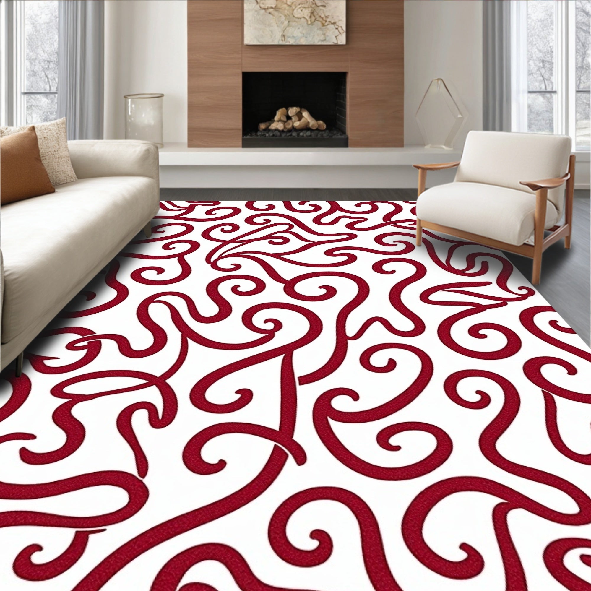 Crimson Swirl Patterned Red Rug