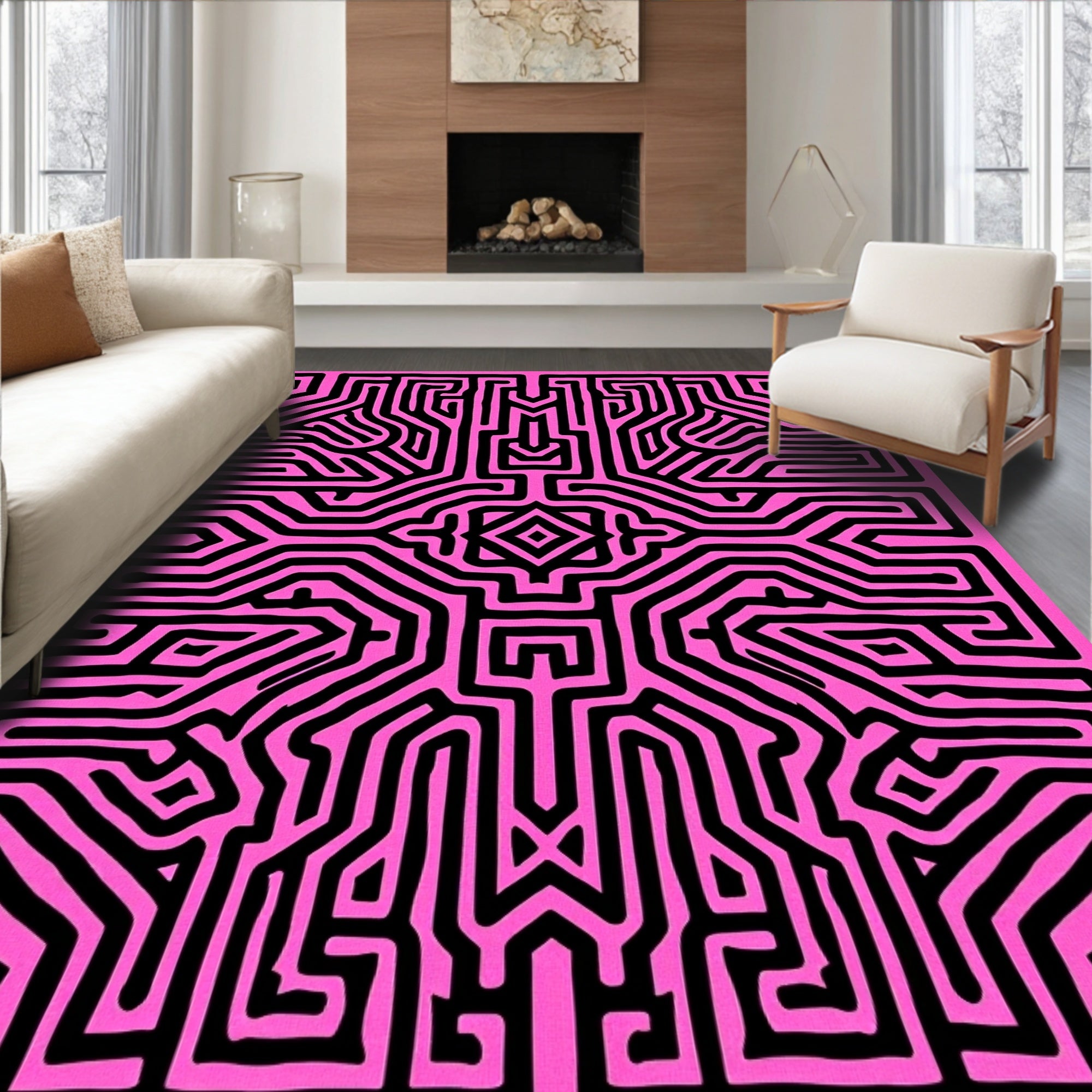 Bold Pink Black Maze Pattern Rug