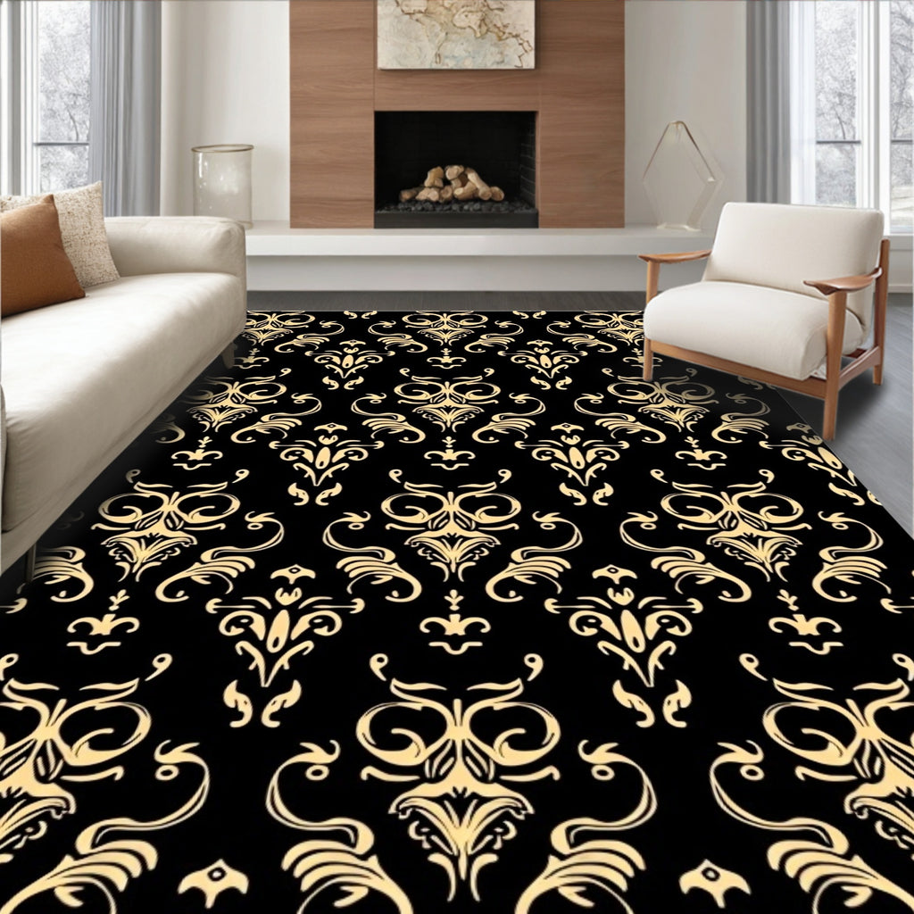 Gold and Black Damask Pattern Rug