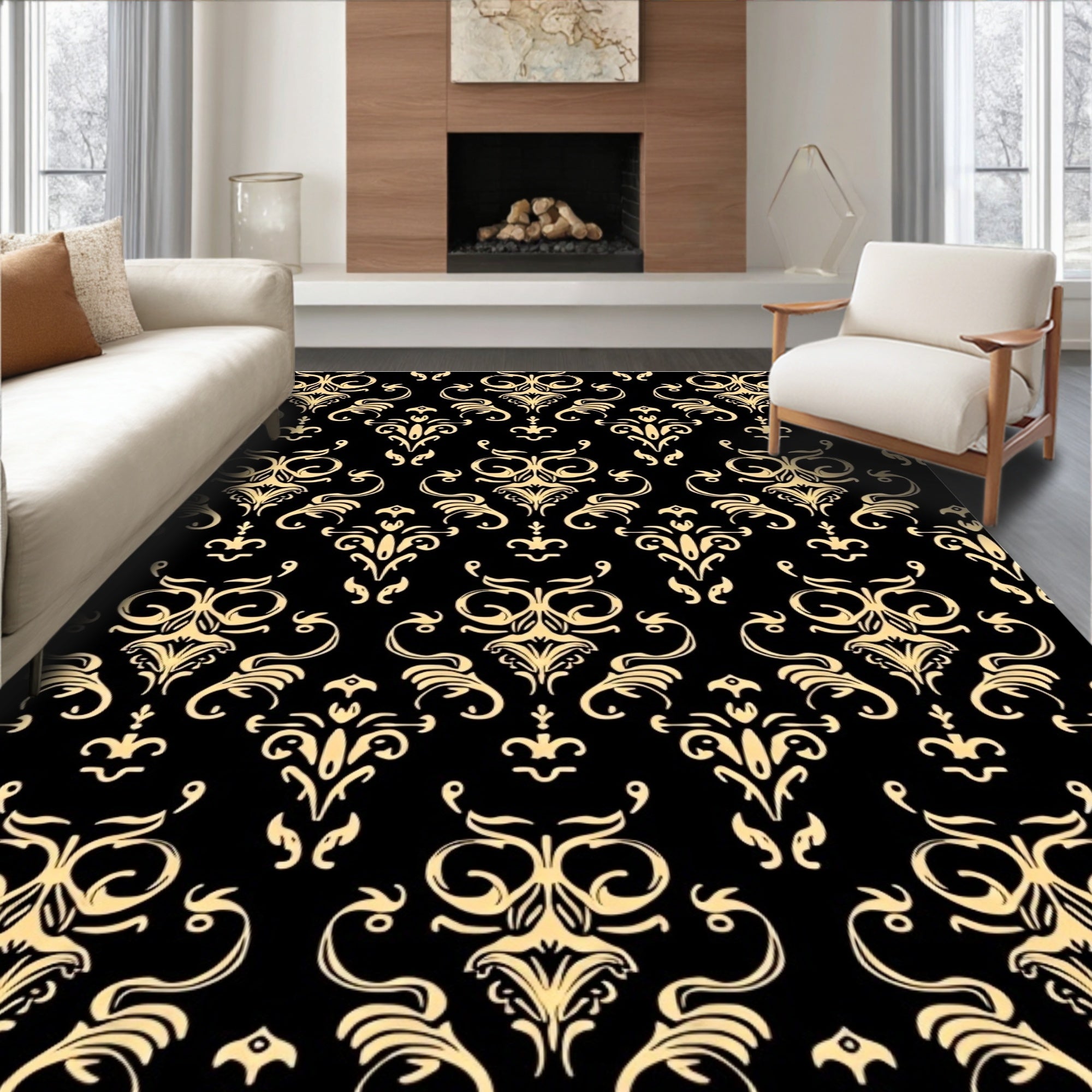 Gold and Black Damask Pattern Rug