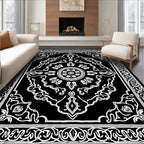 Intricate Black and White Floral Medallion Rug
