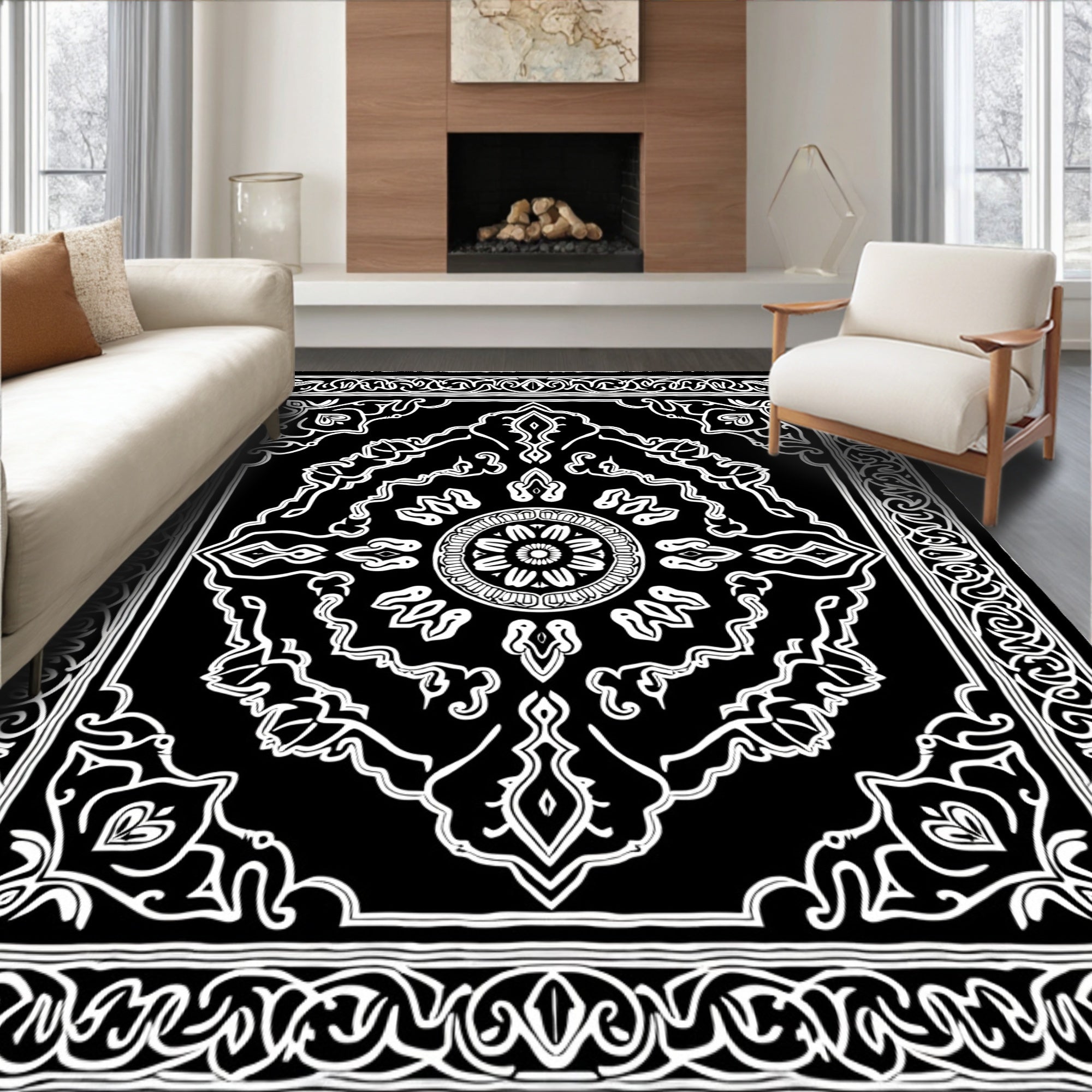 Intricate Black and White Floral Medallion Rug