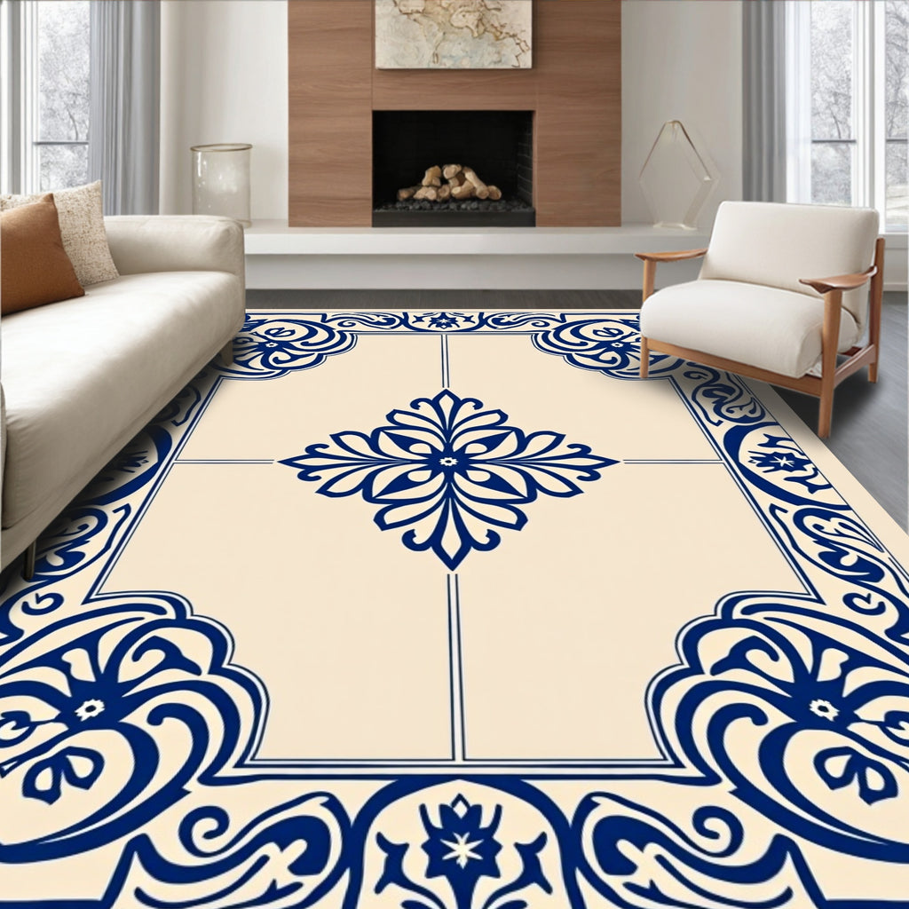 Elegant Blue Cream Floral Motif Rug