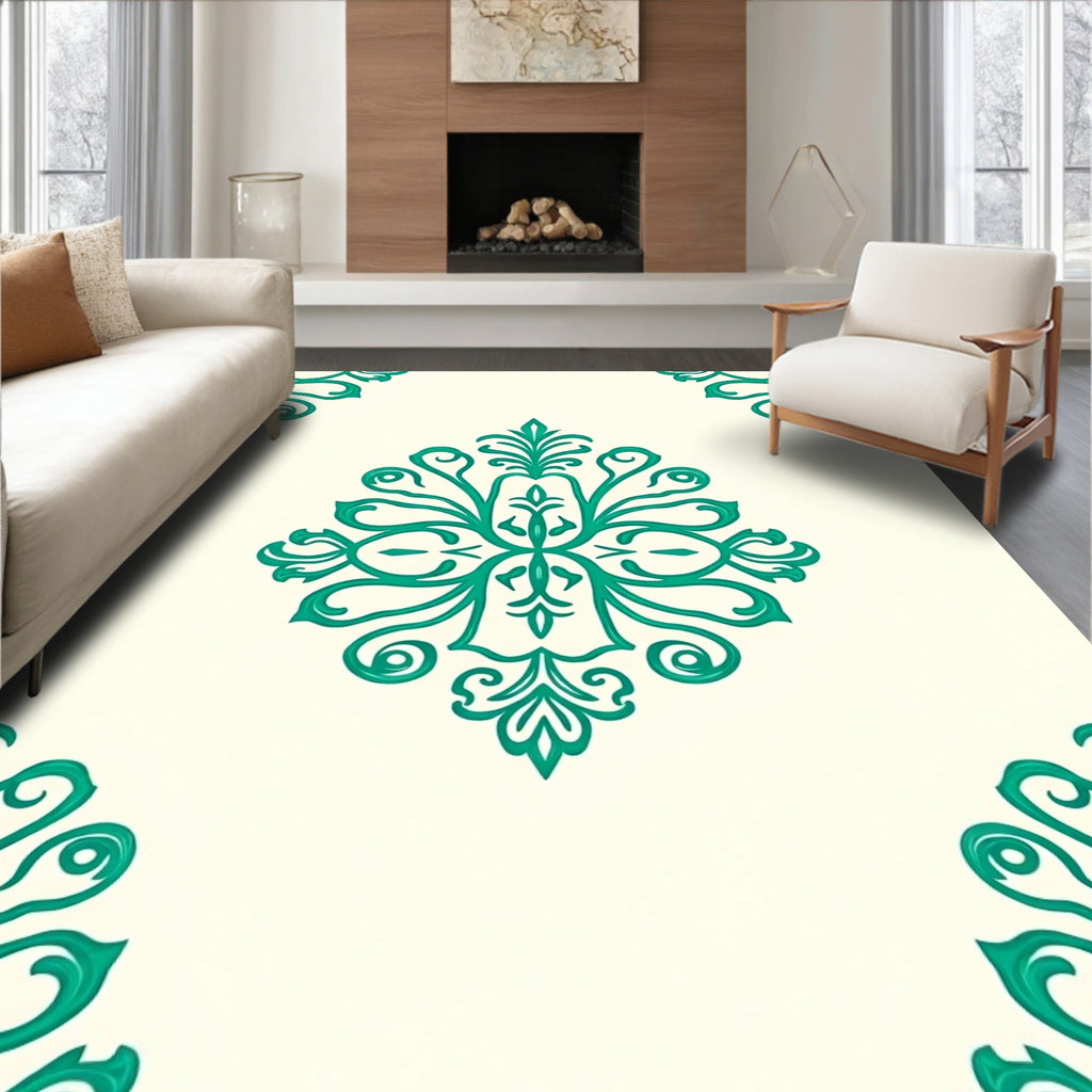 Elegant Teal Damask Pattern Rug