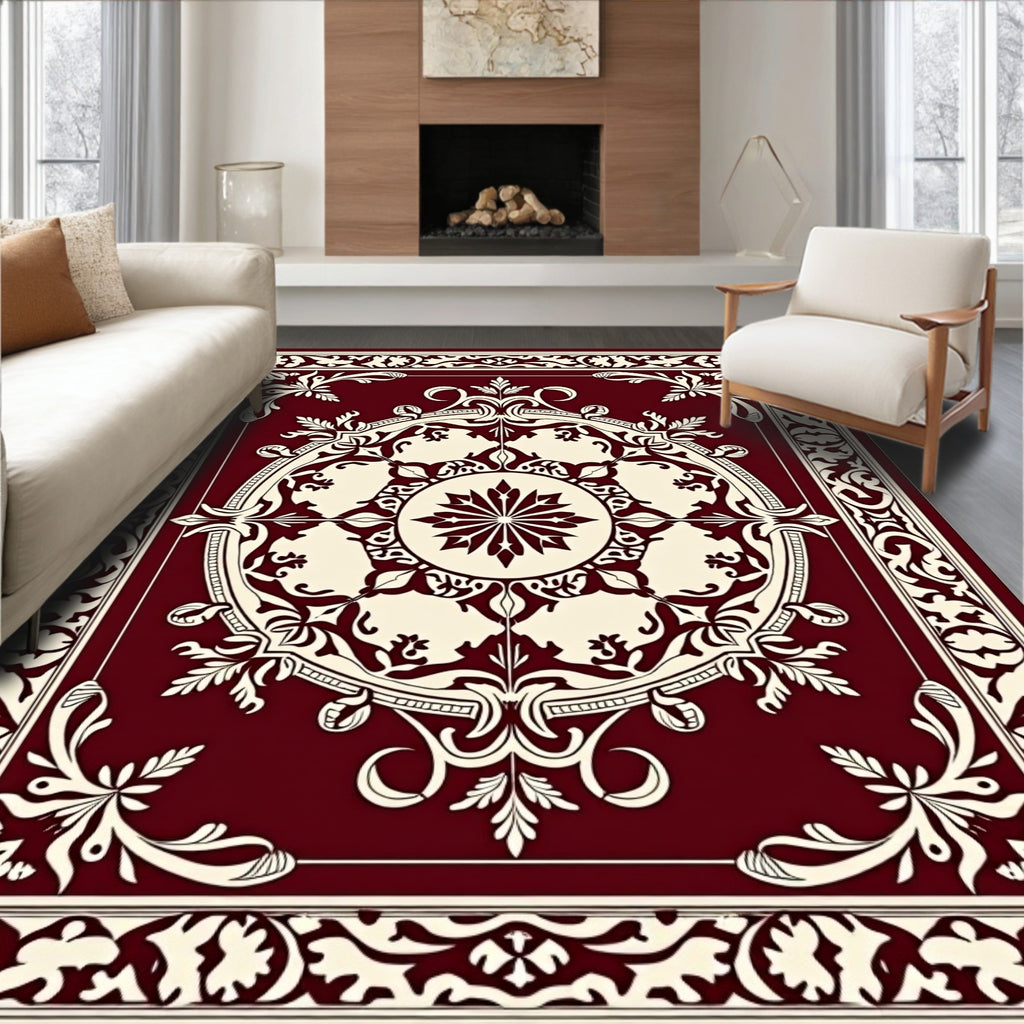 Intricate Floral Medallion Cream Maroon Design Rug