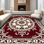 Intricate Floral Medallion Cream Maroon Design Rug