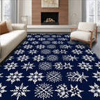 White Snowflake Patterned Navy Rug