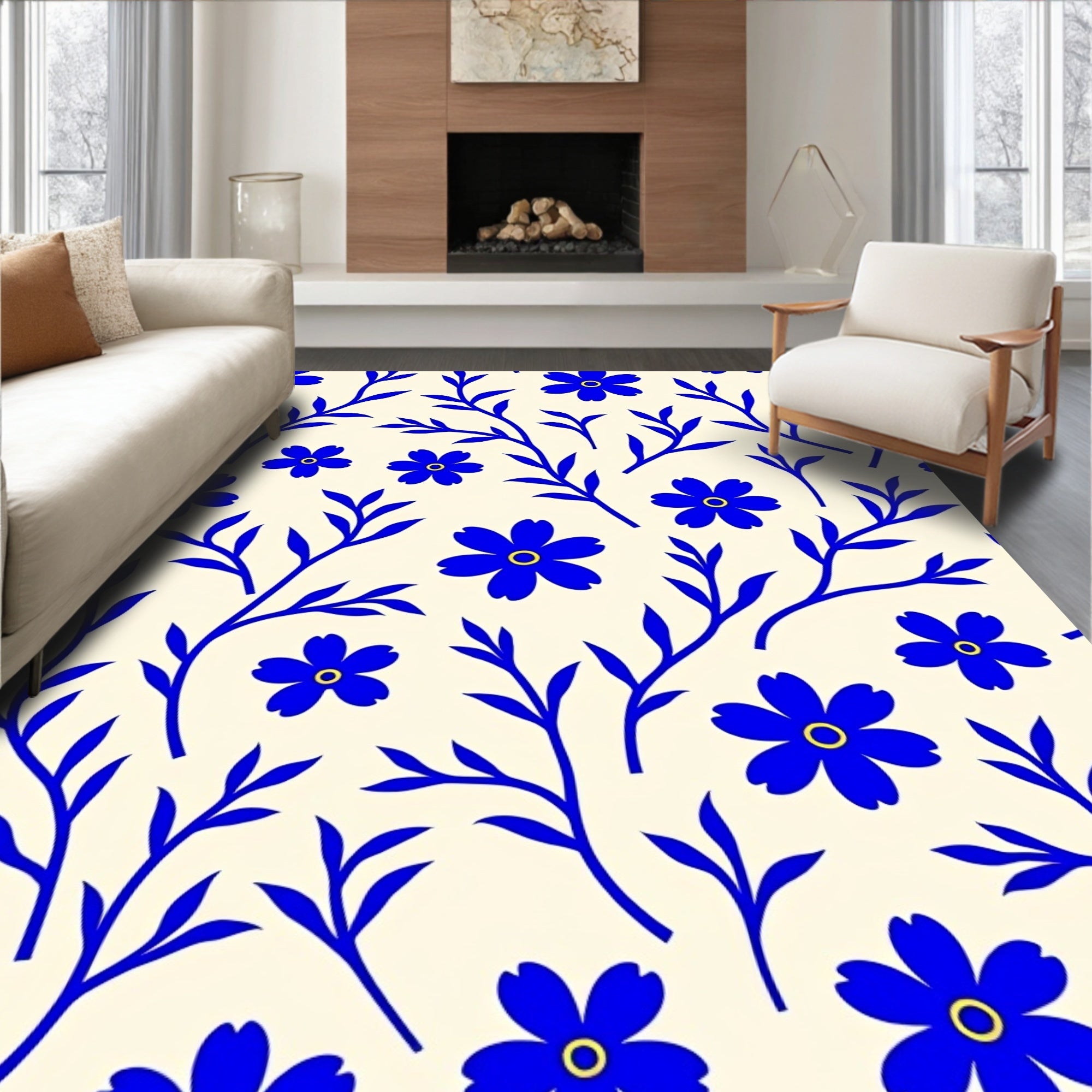 Blue Floral Vine Pattern Rug