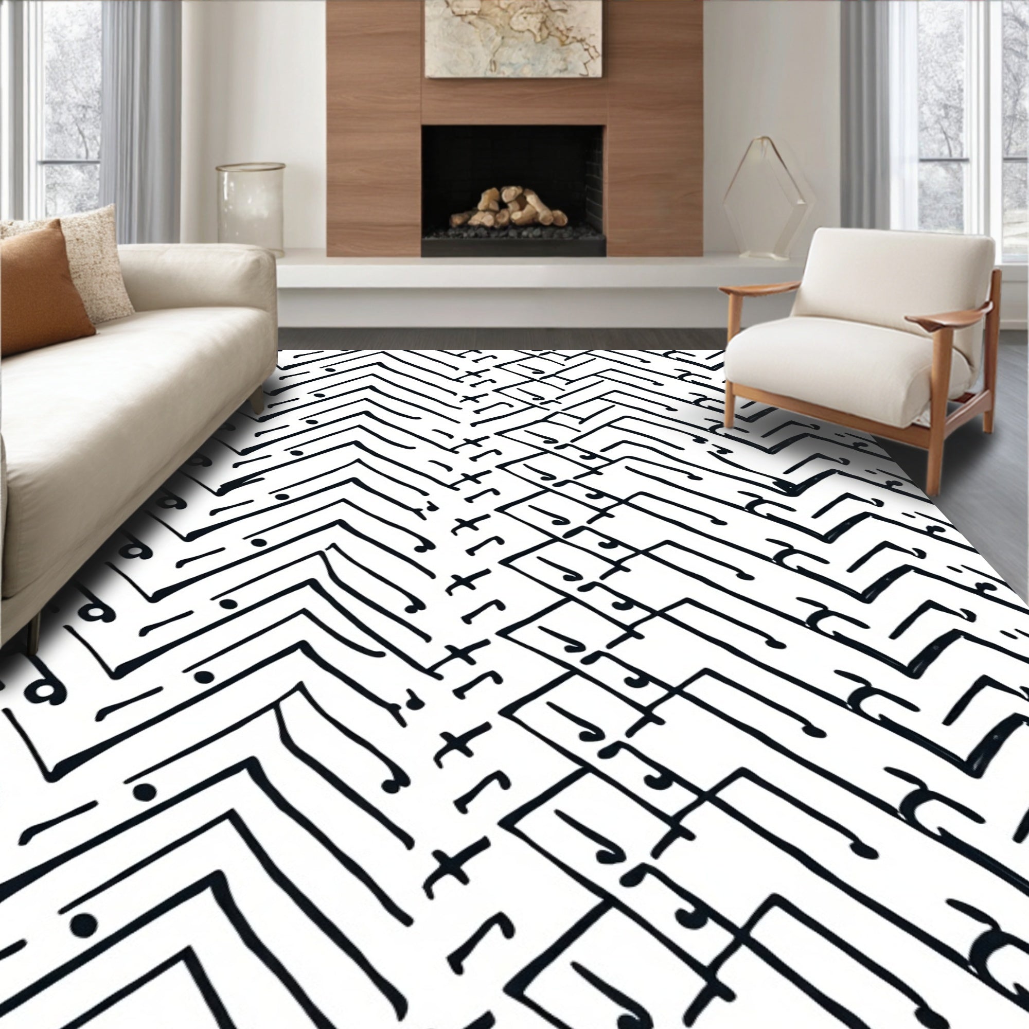 Abstract Black White Geometric Lines Rug