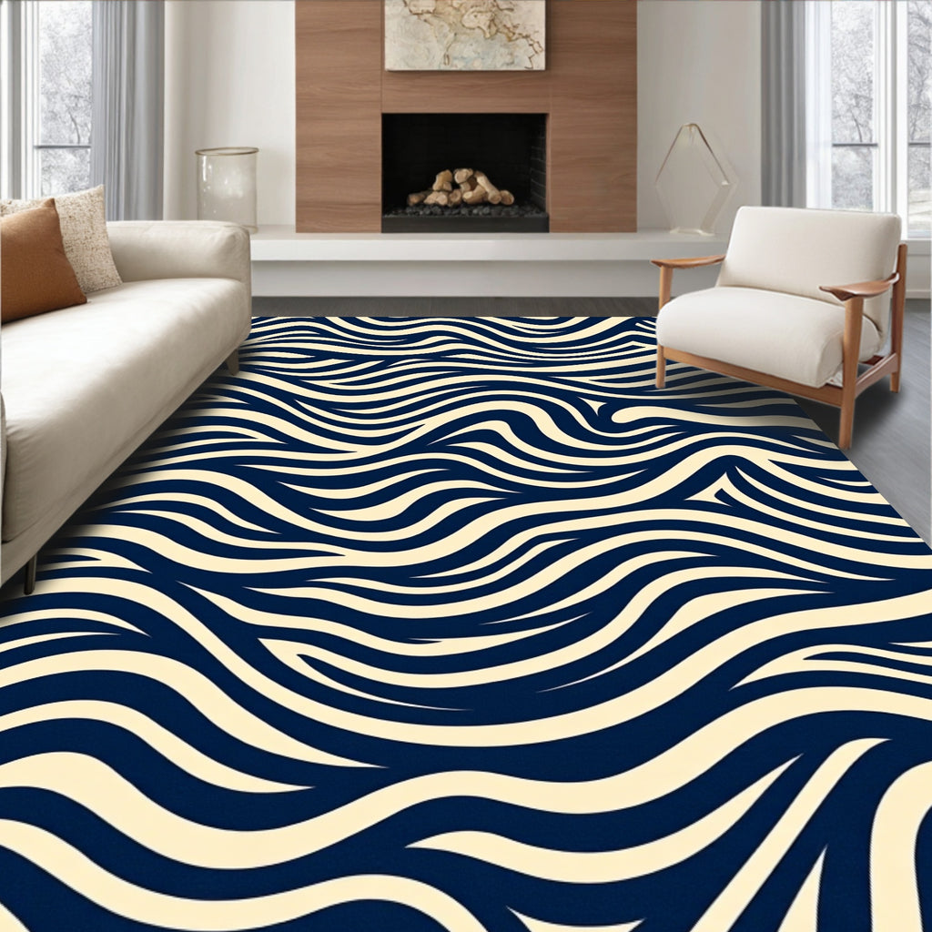 Cream and Navy Flowing Ribbon Pattern Rug