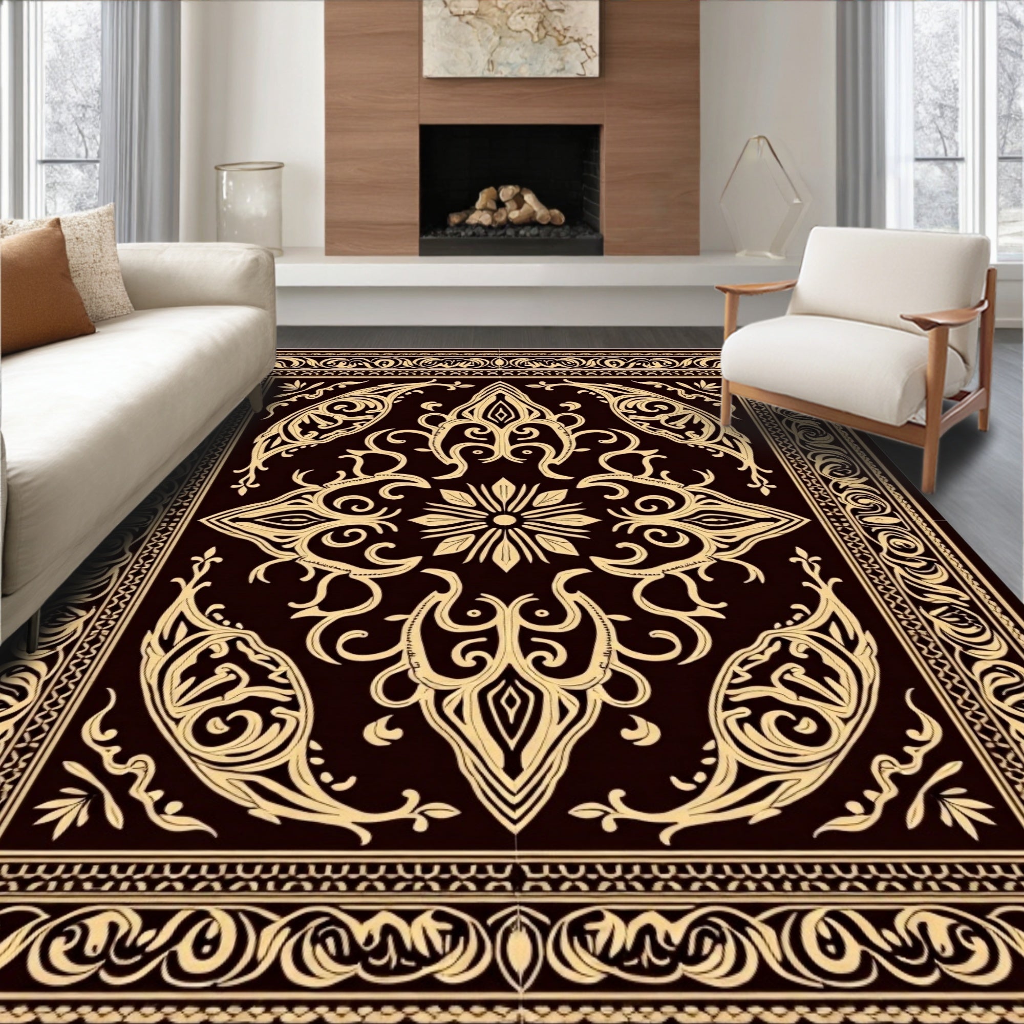 Elegant Tan Floral Scrollwork Design Rug