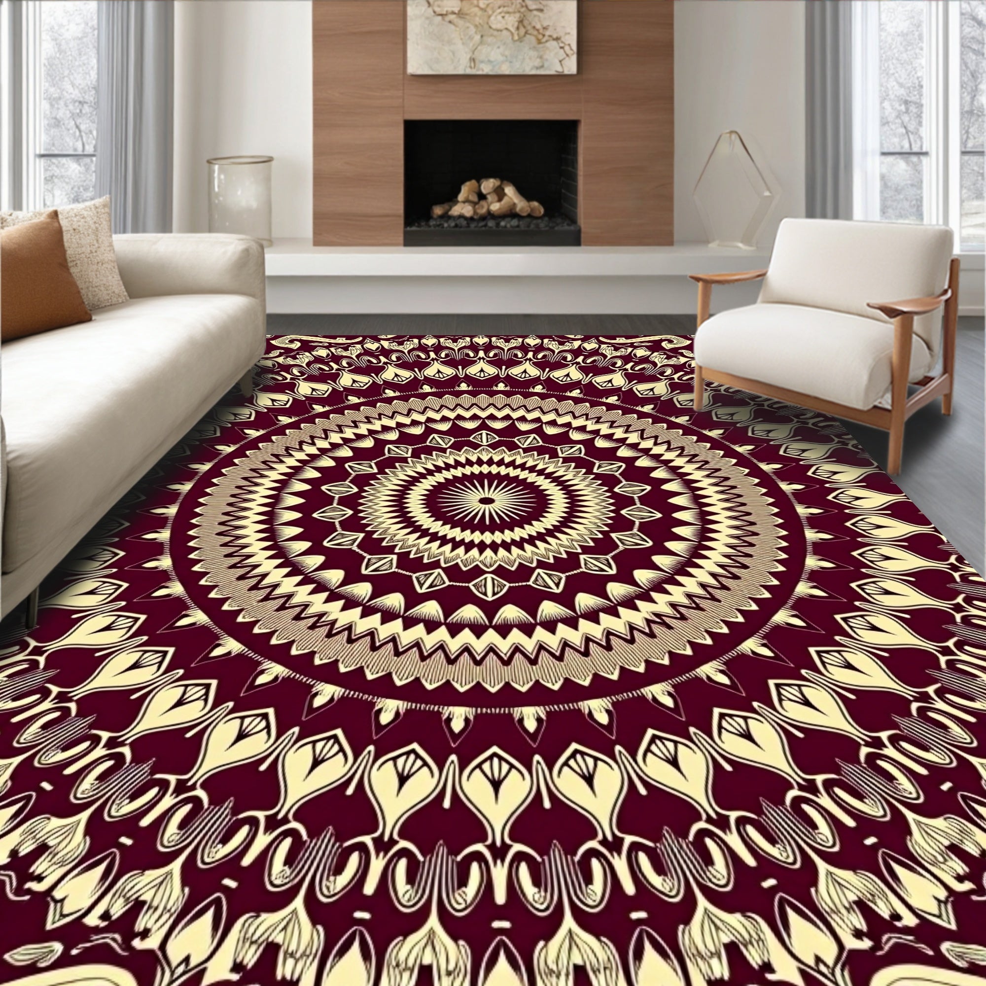 Rich Burgundy Cream Mandala Pattern Rug
