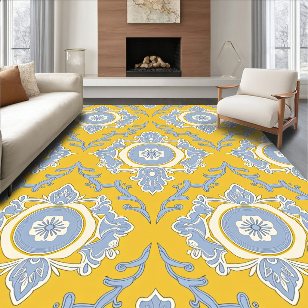 Yellow Blue Floral Medallion Pattern Rug