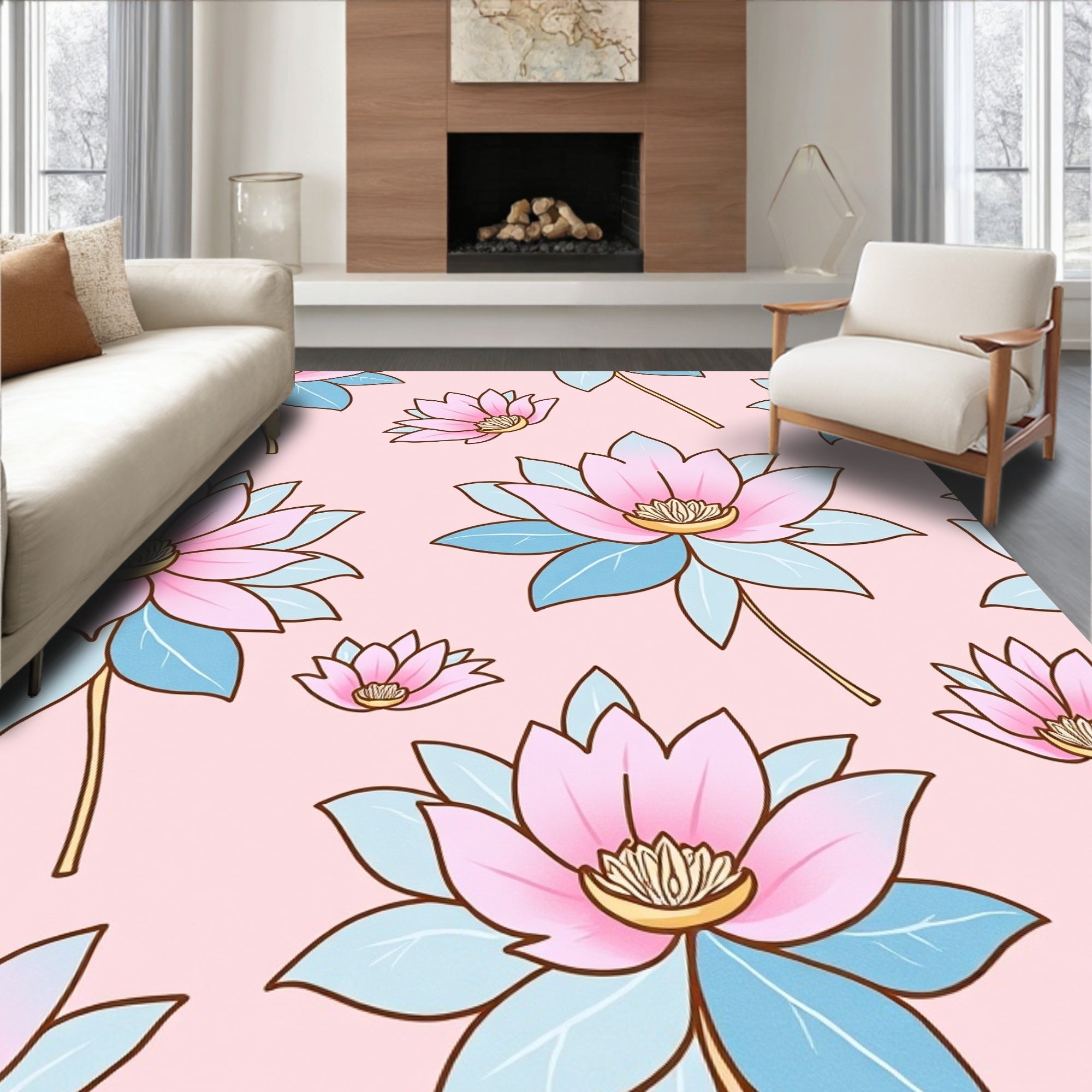 Pink Blue Floral Pattern Rug