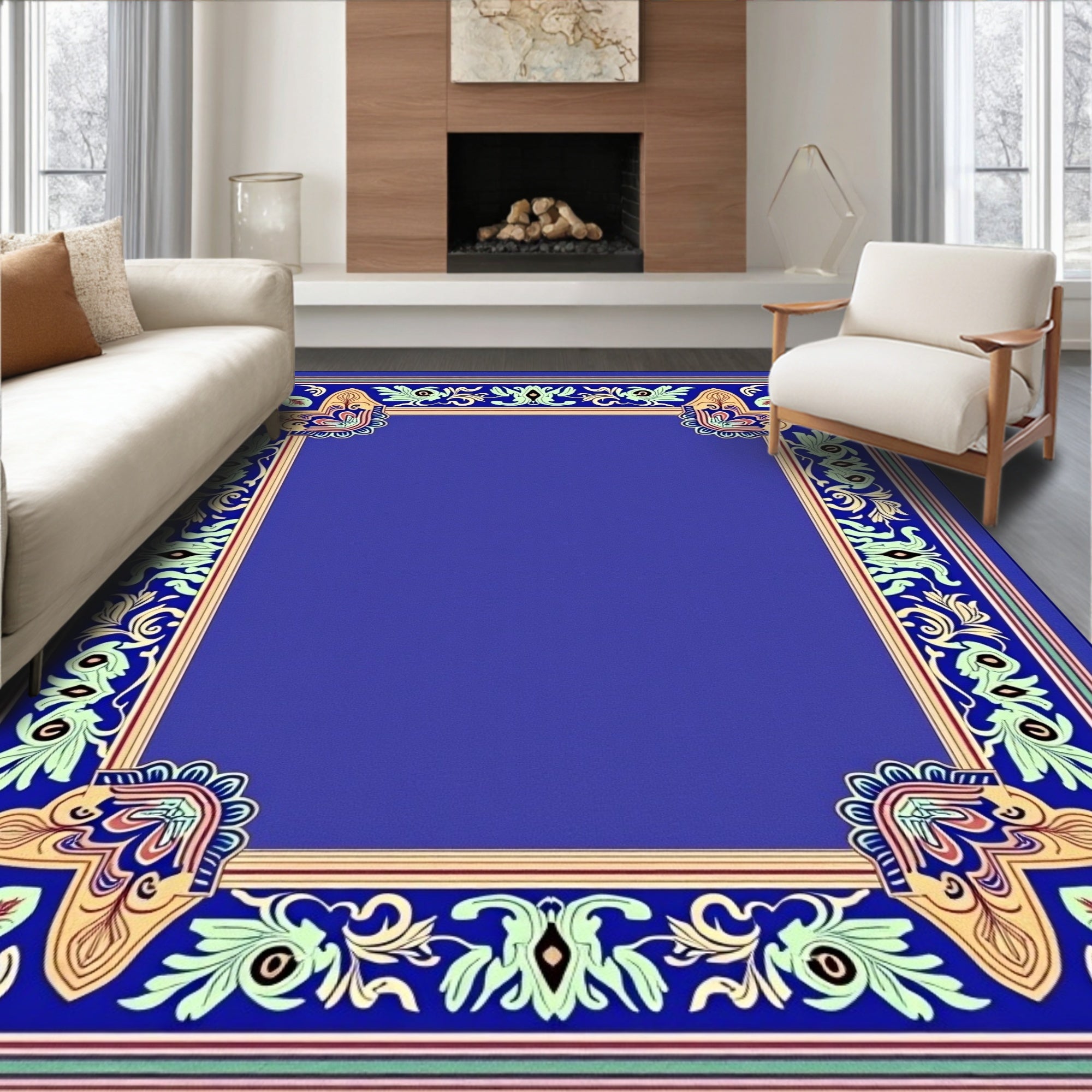 Royal Blue Floral Border Area Rug