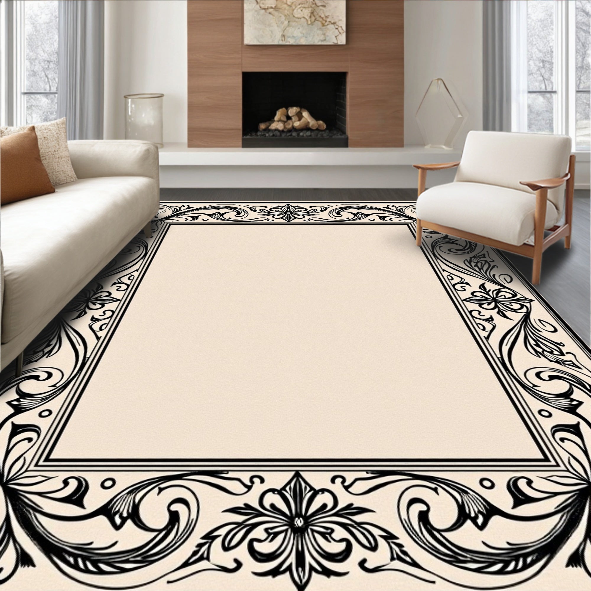 Ornate Floral Border Pattern Rug