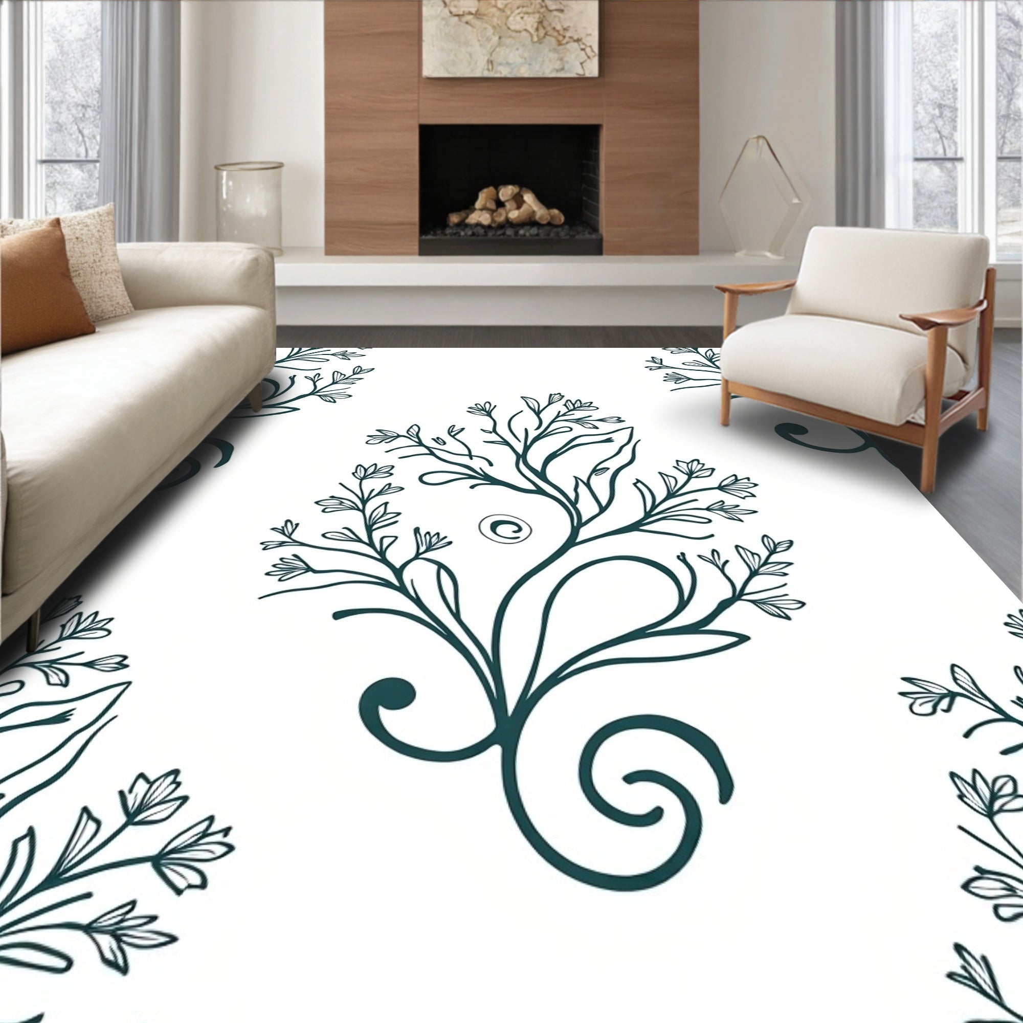 Vine Leaf Swirl Floral Pattern Rug