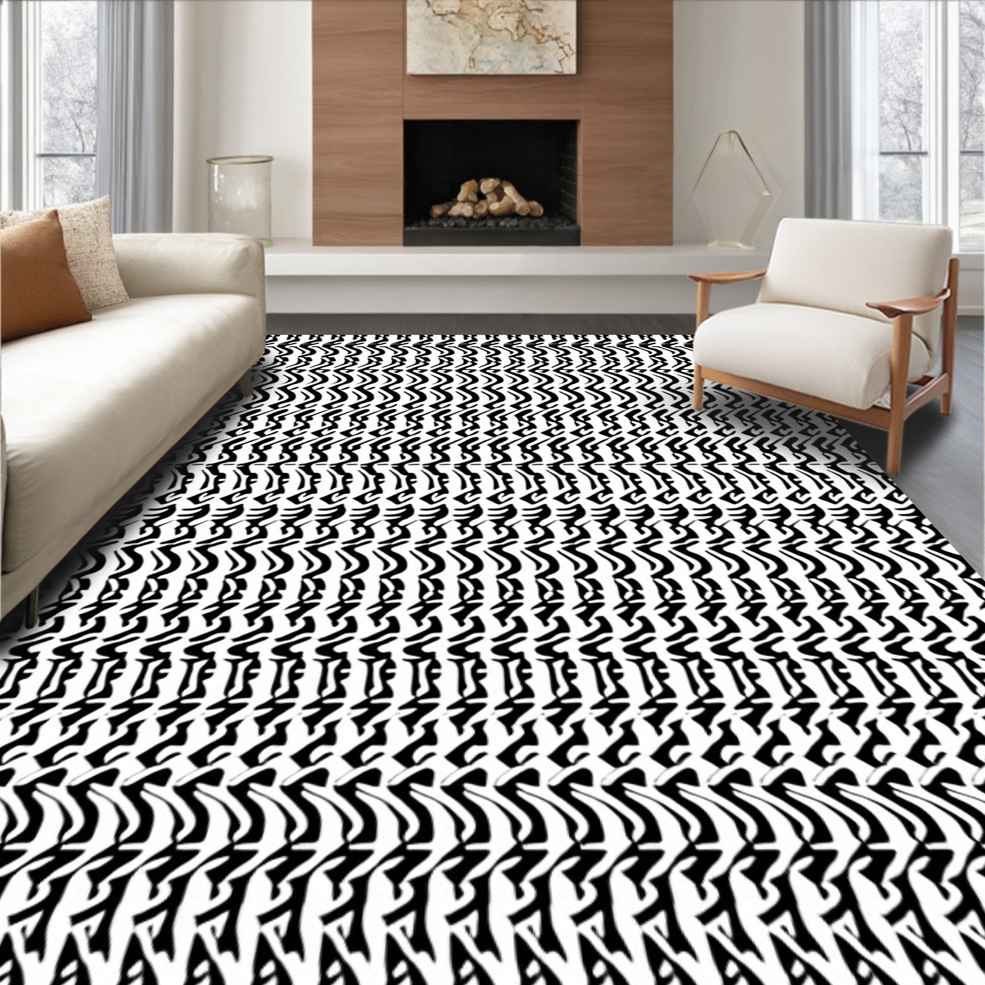 Abstract Black Wavy Stripe Pattern Rug
