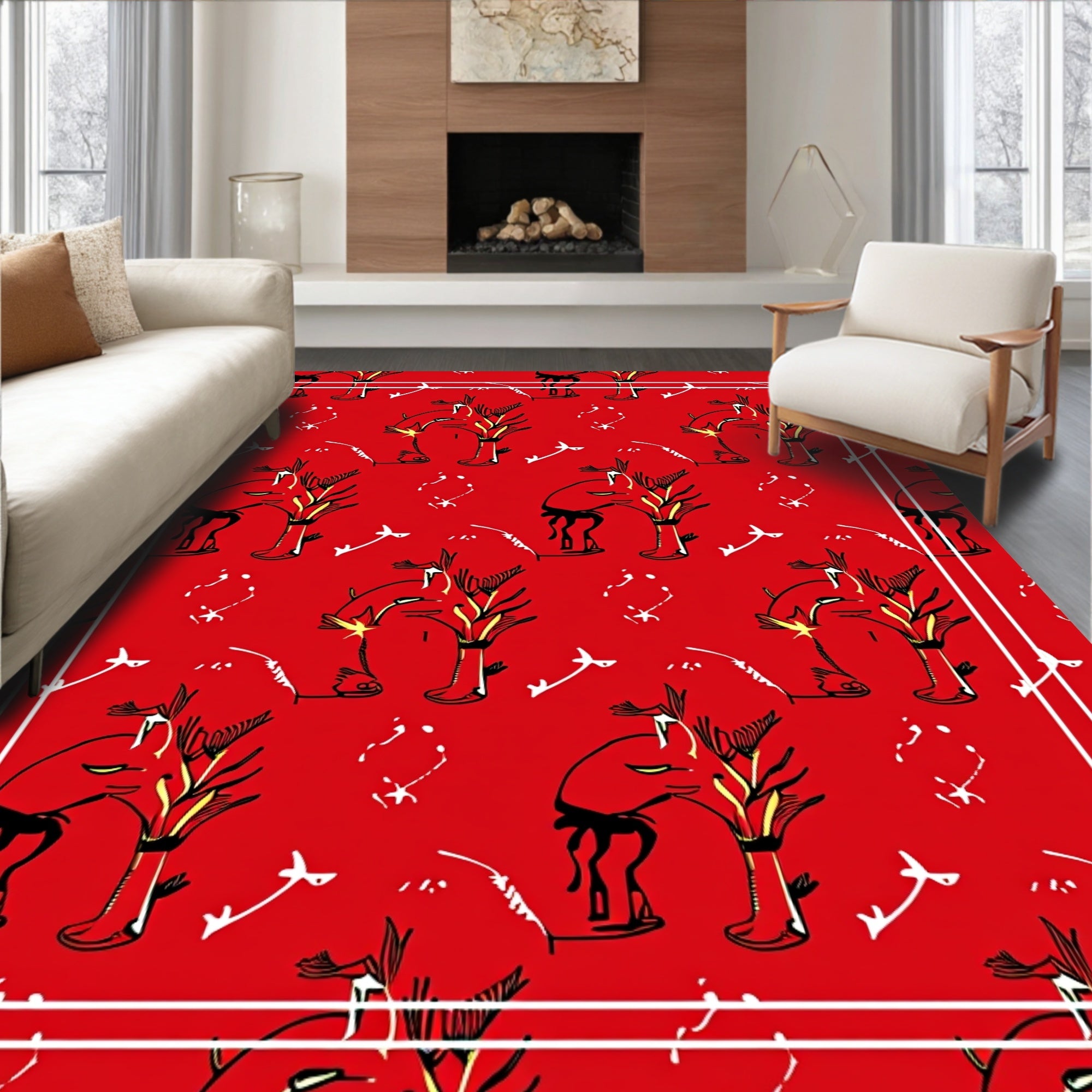 Whimsical Red Tribal Animal Illustration Rug