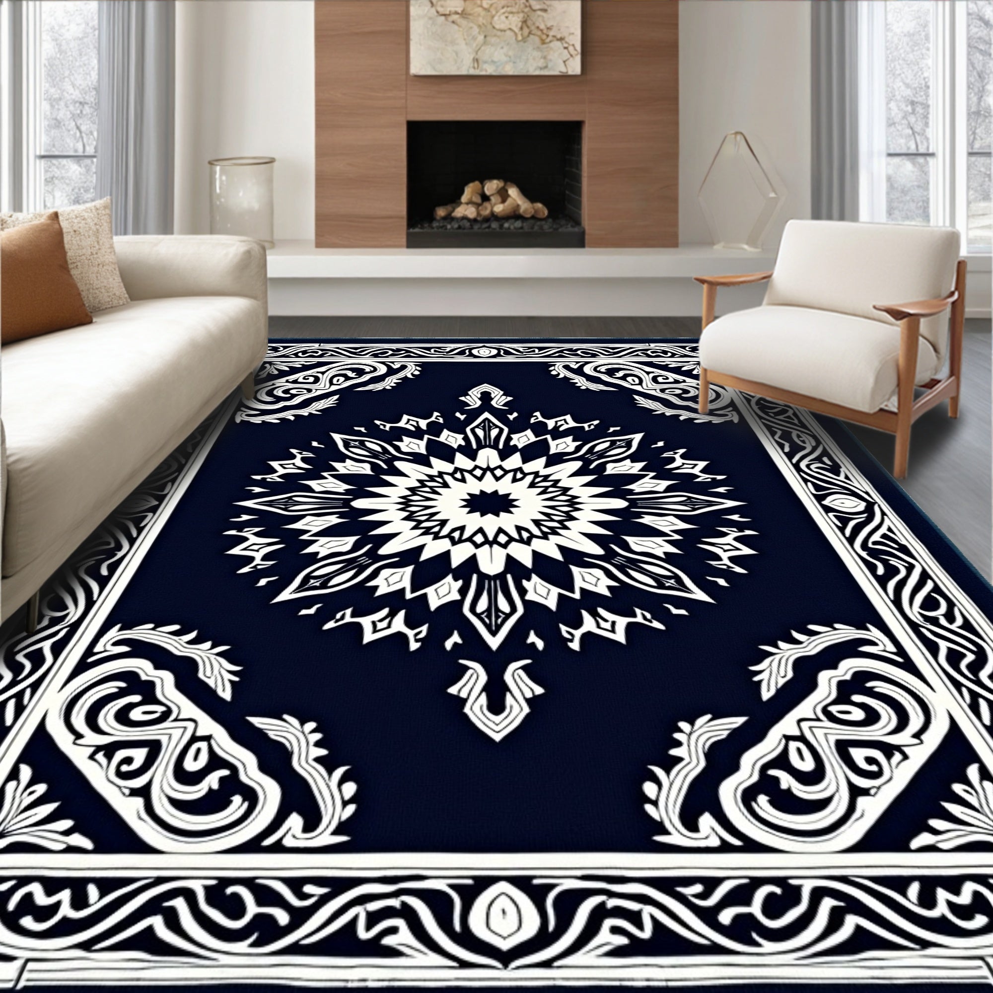 Dark Blue Ornamental Starburst Traditional Rug