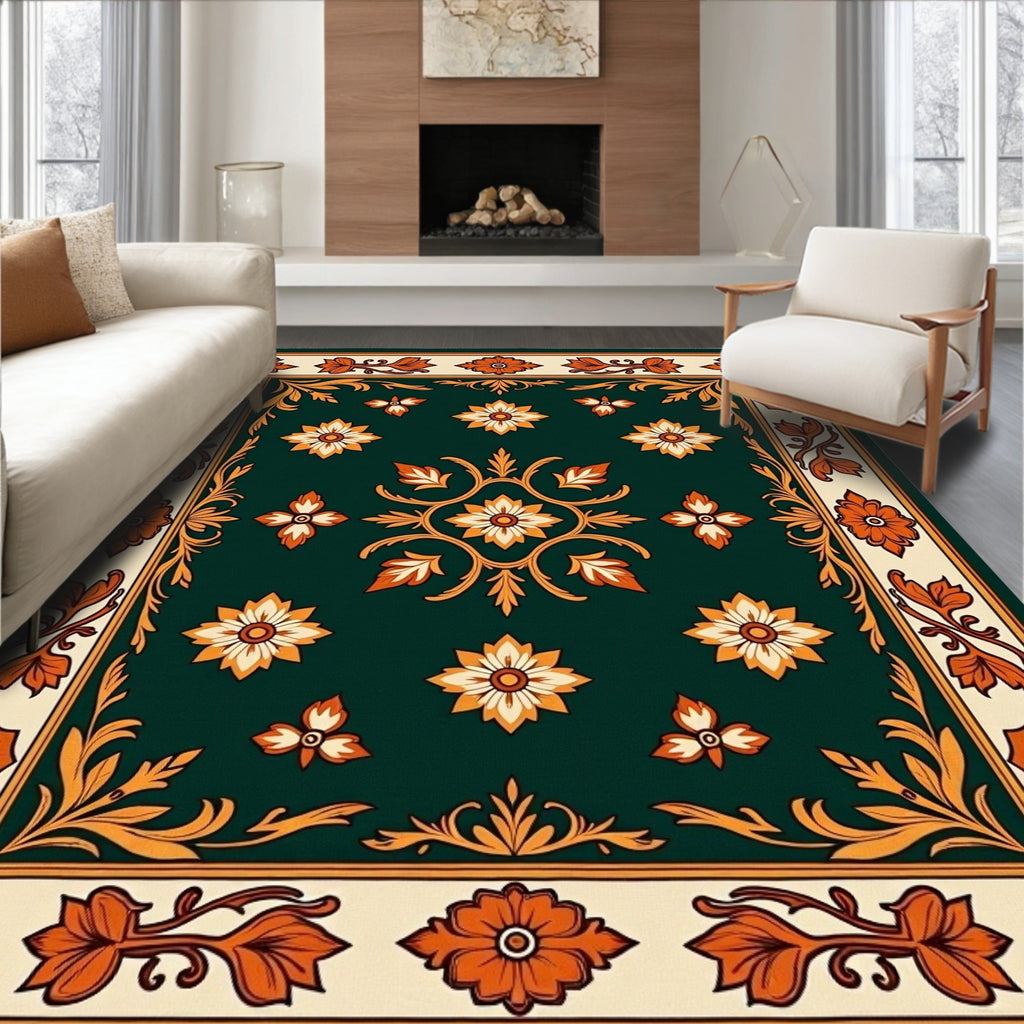 Ornate Dark Green Floral Pattern Rug