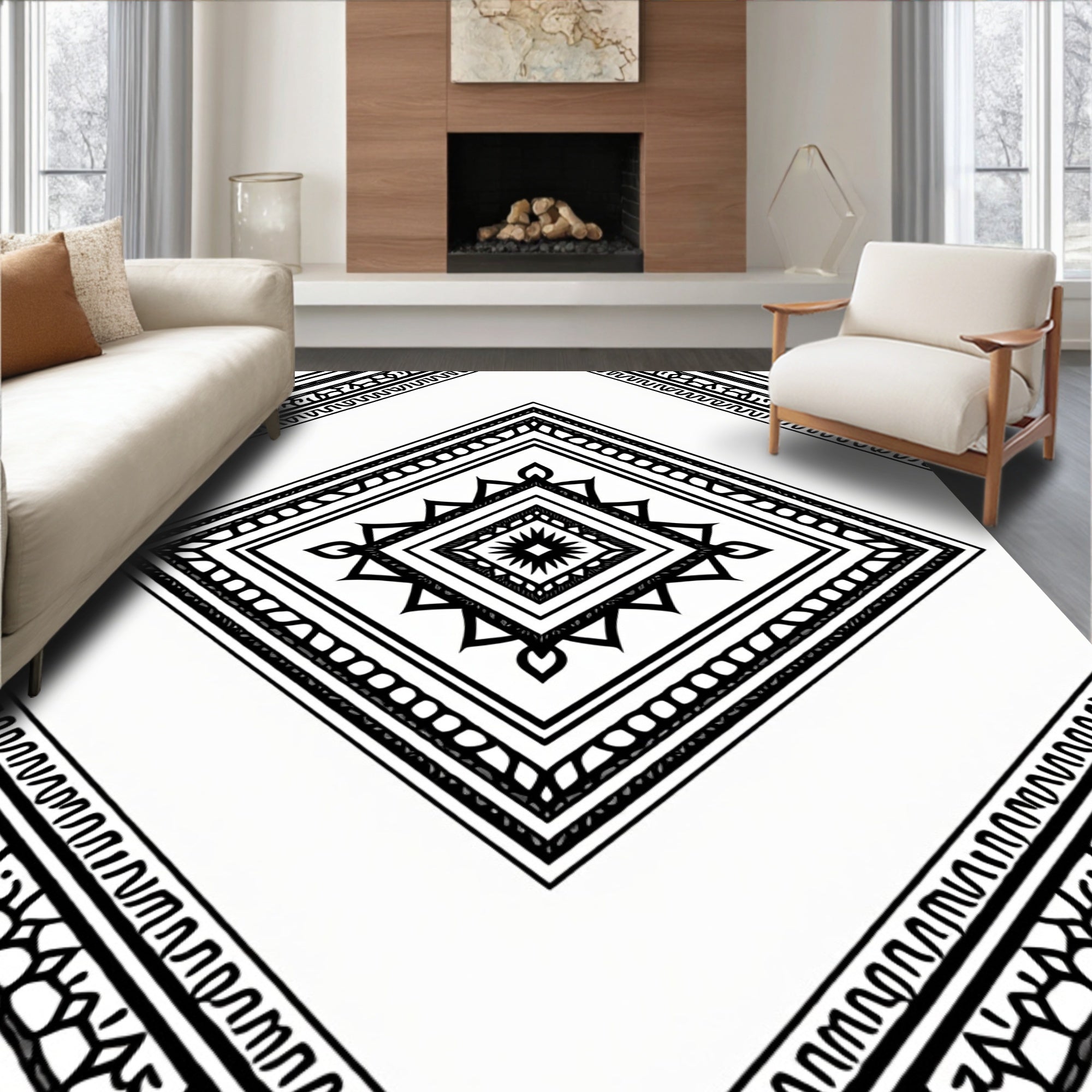 Bold Black And White Geometric Diamond Pattern Rug