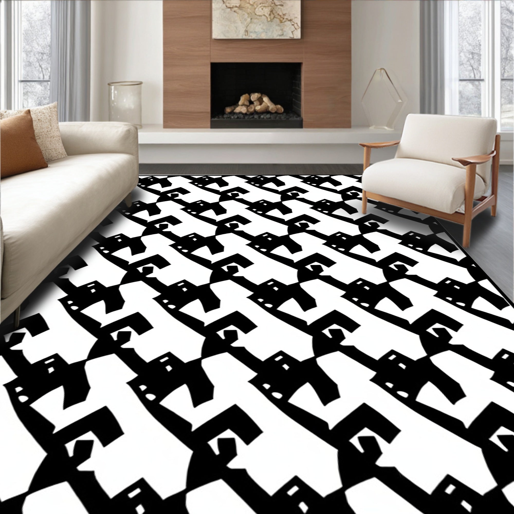 Abstract Black White Figure Pattern Rug