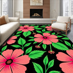 Coral Floral Green Leaf Pattern Rug