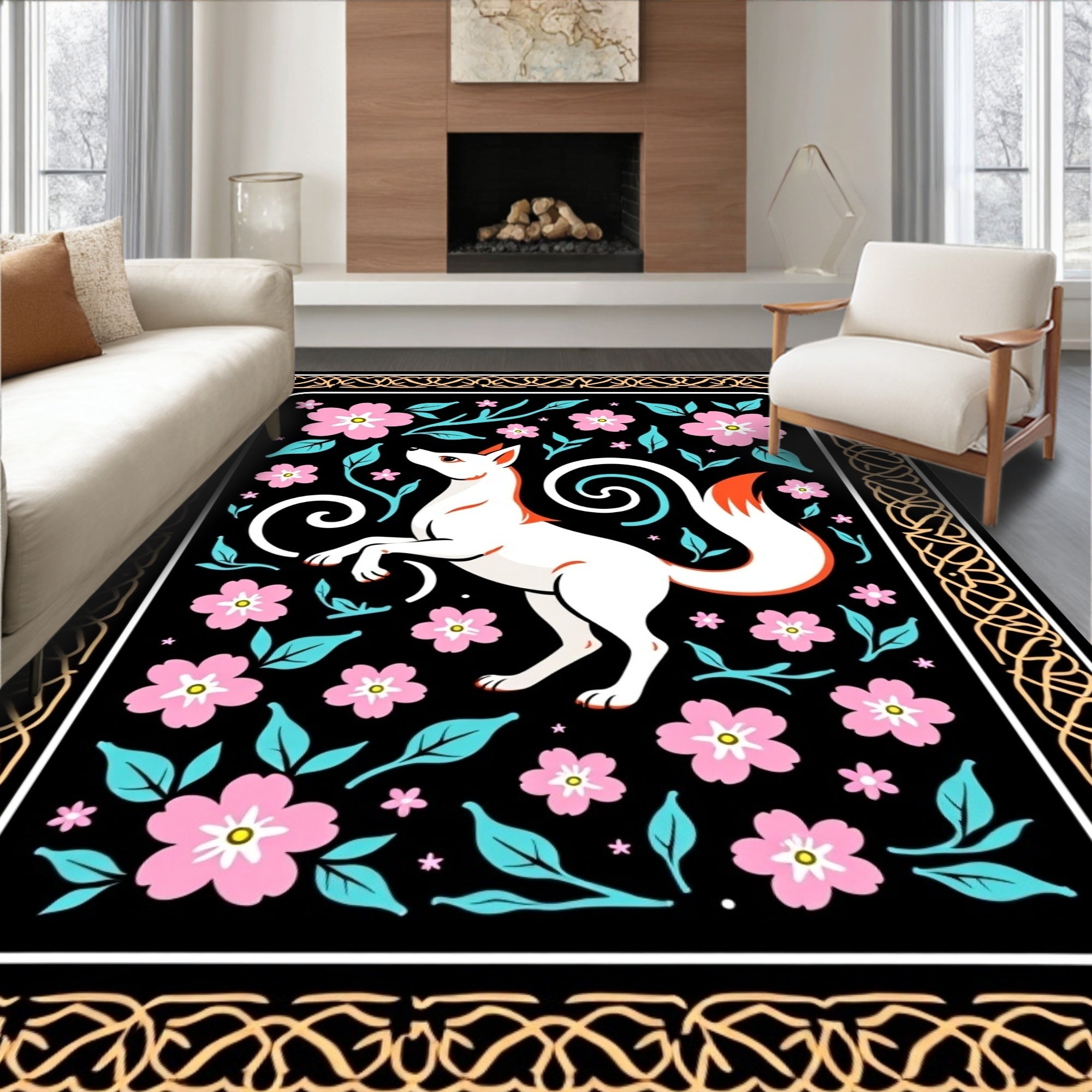 Whimsical Fox Floral Garden Design Rug