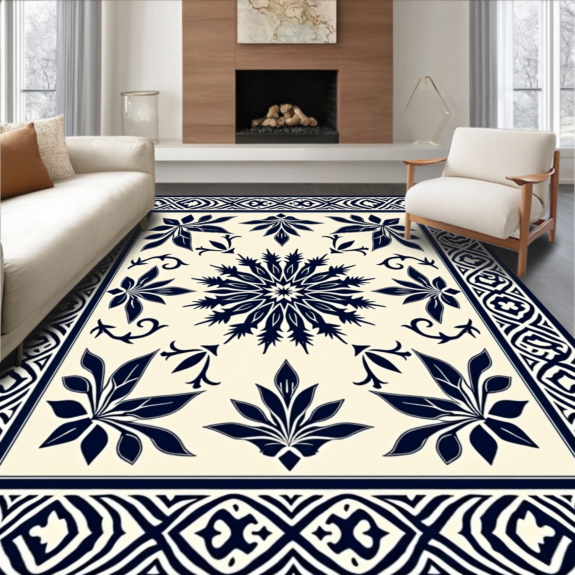 Classic Navy Floral Starburst Design Rug