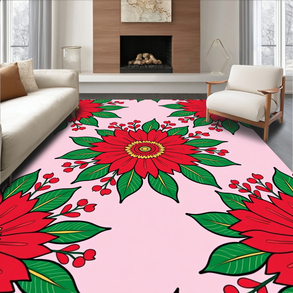 Vibrant Red Floral Berry Garland Rug