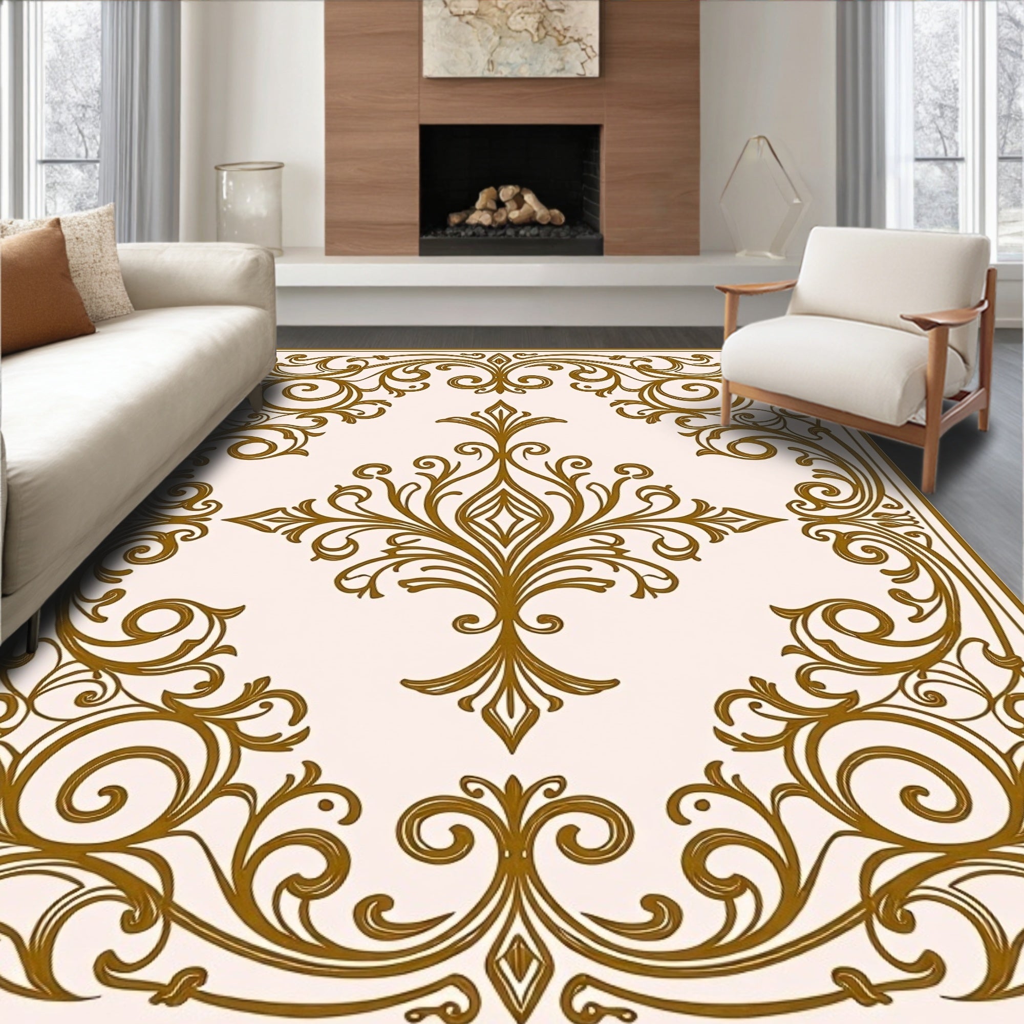 Ornate Golden Swirls Scroll Pattern Design Rug