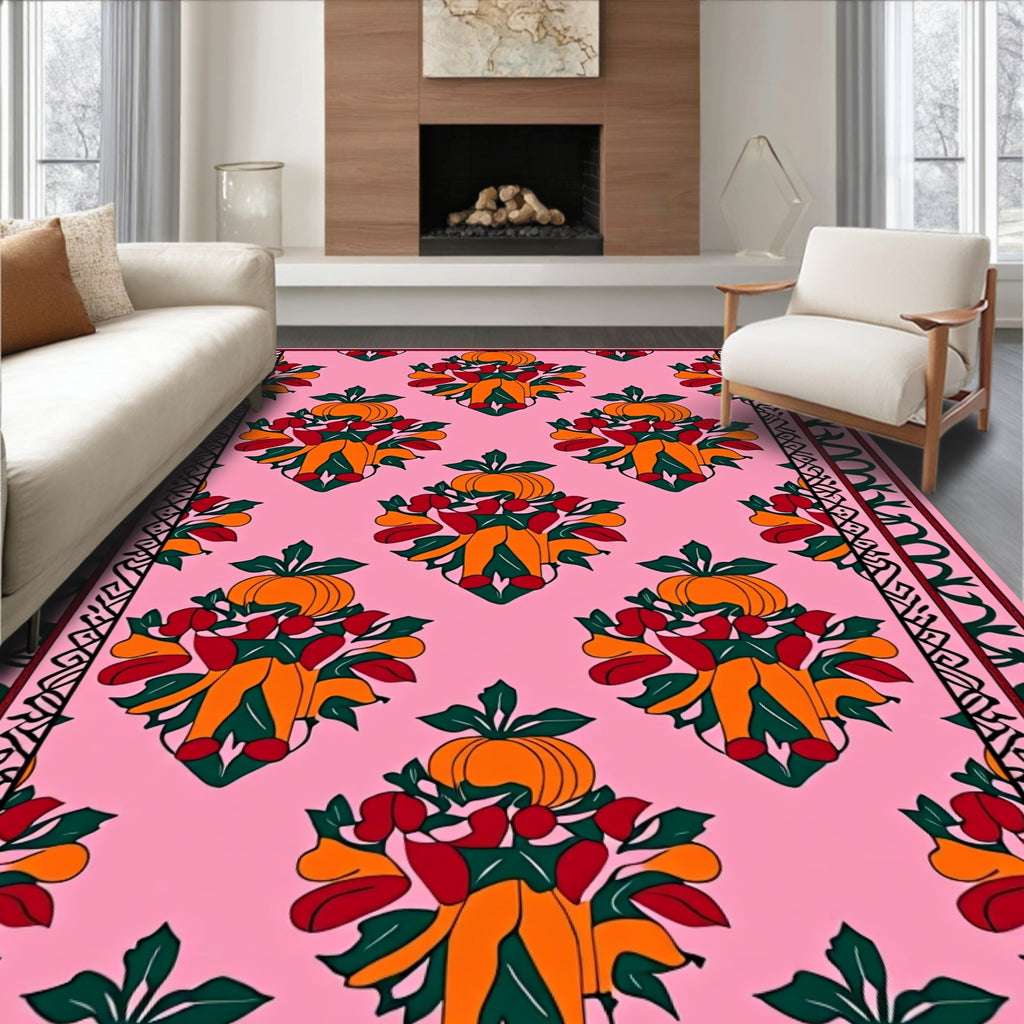 Pink Pumpkin Botanical Medallion Border Rug