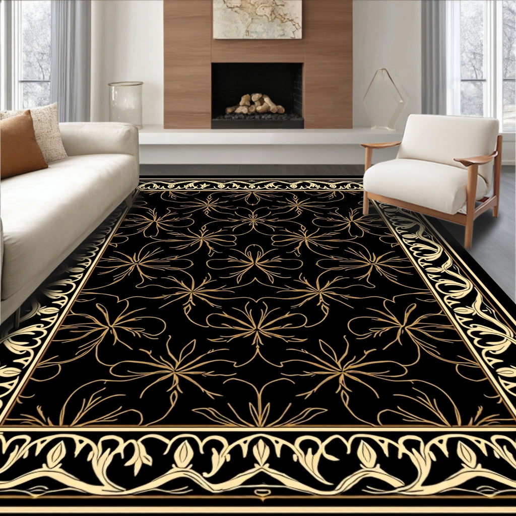 Elegant Black Gold Floral Border Rug