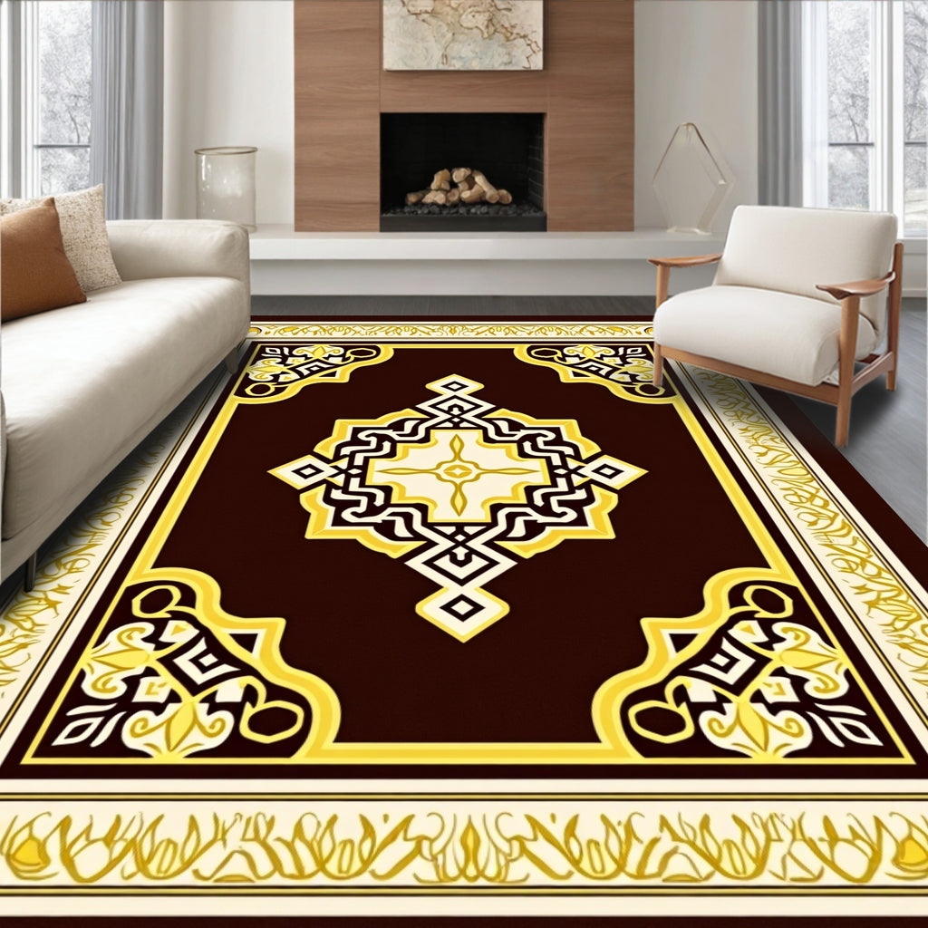 Ornate Brown Gold Geometric Art Rug