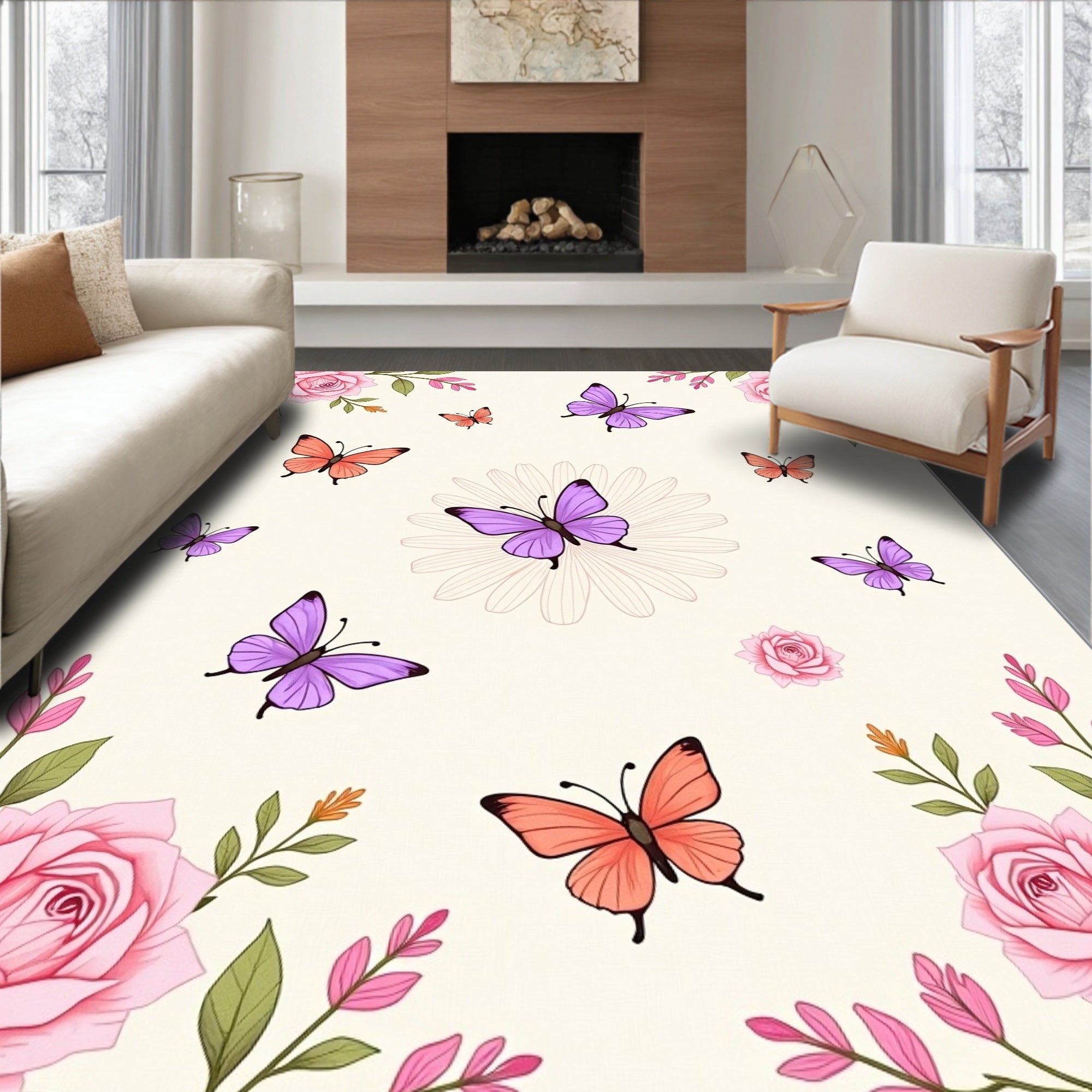 Floral Butterfly Patterned Delightful Rug
