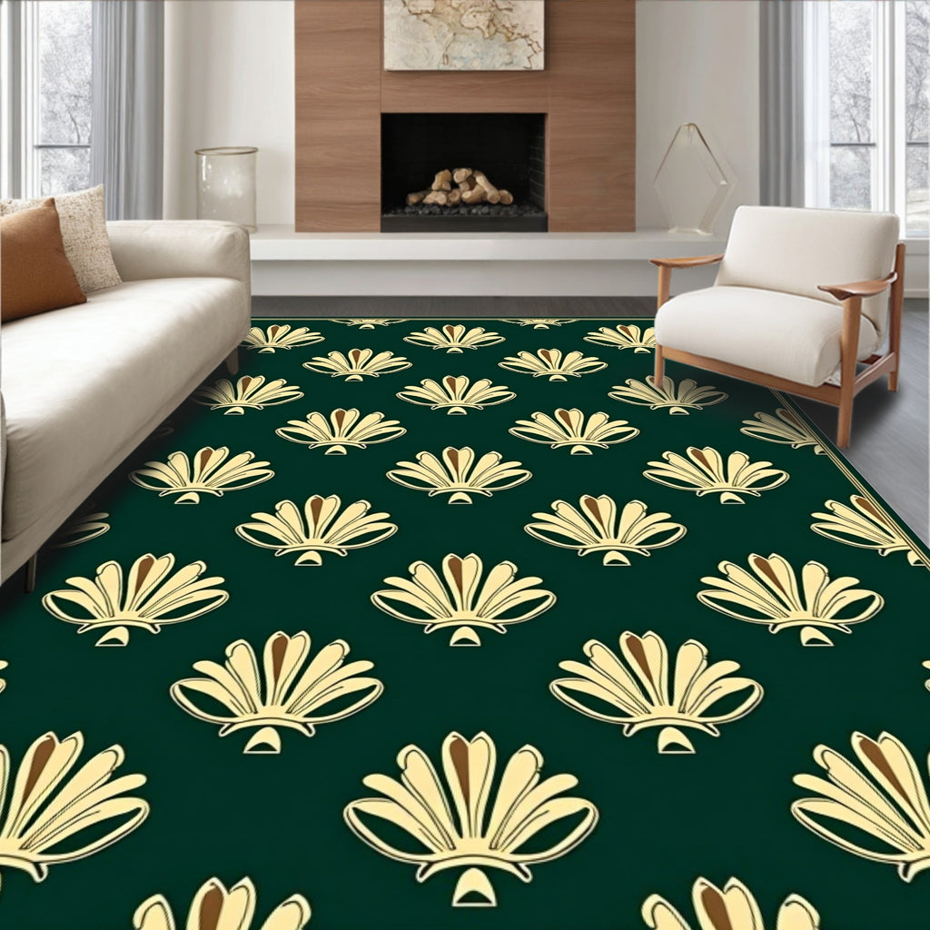 Elegant Fan Patterned Dark Teal Rug