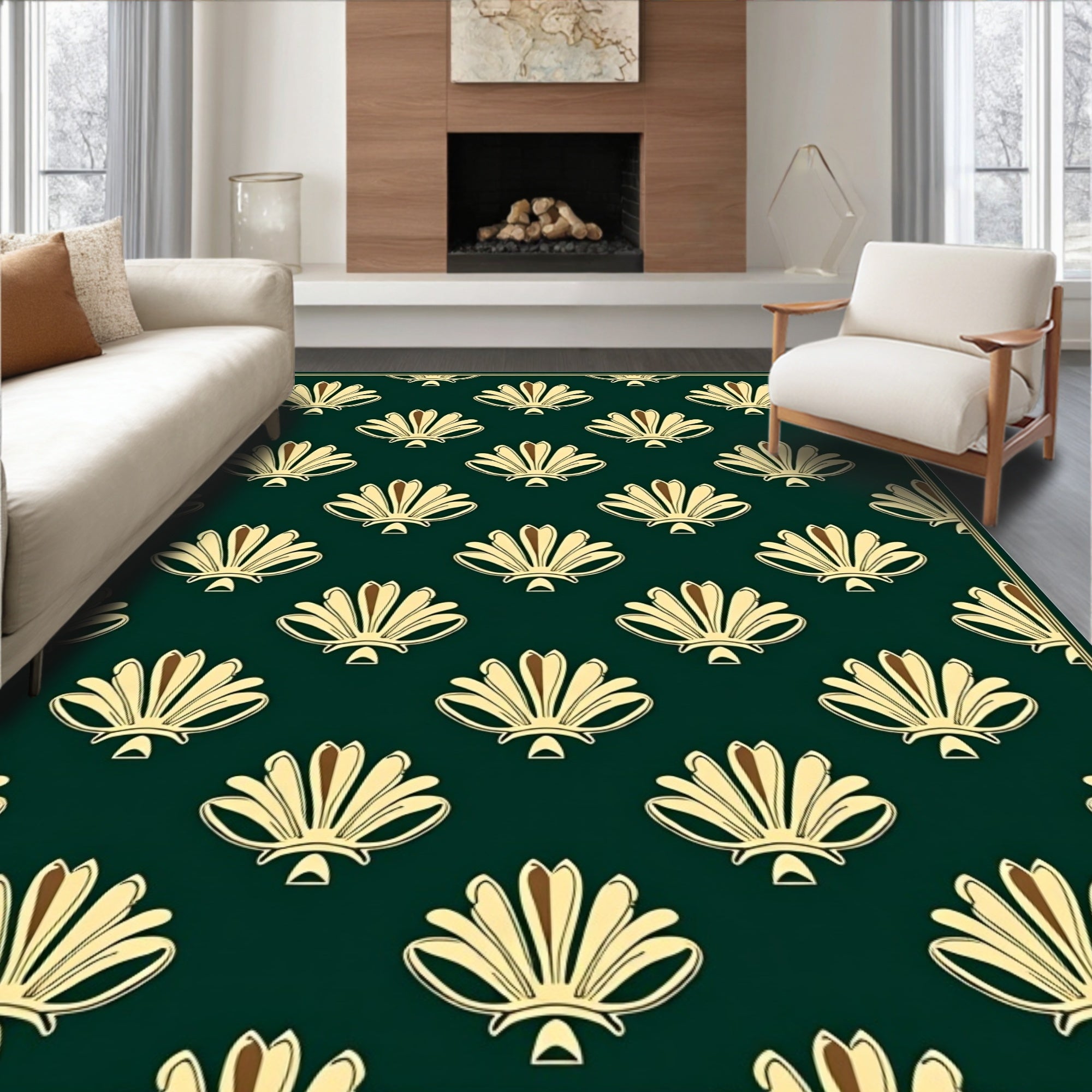 Elegant Fan Patterned Dark Teal Rug